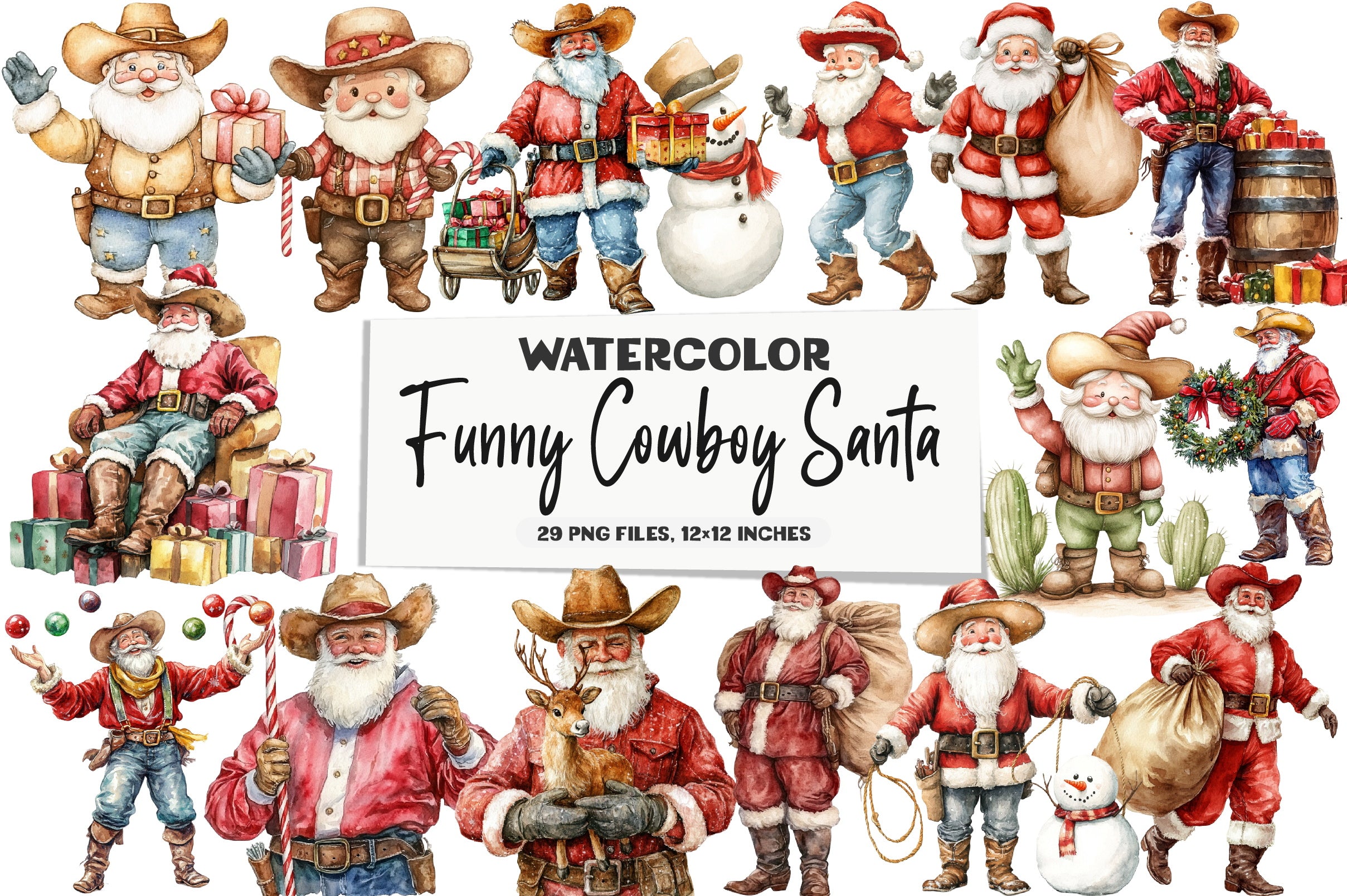Funny Cowboy Santa Clipart Bundle