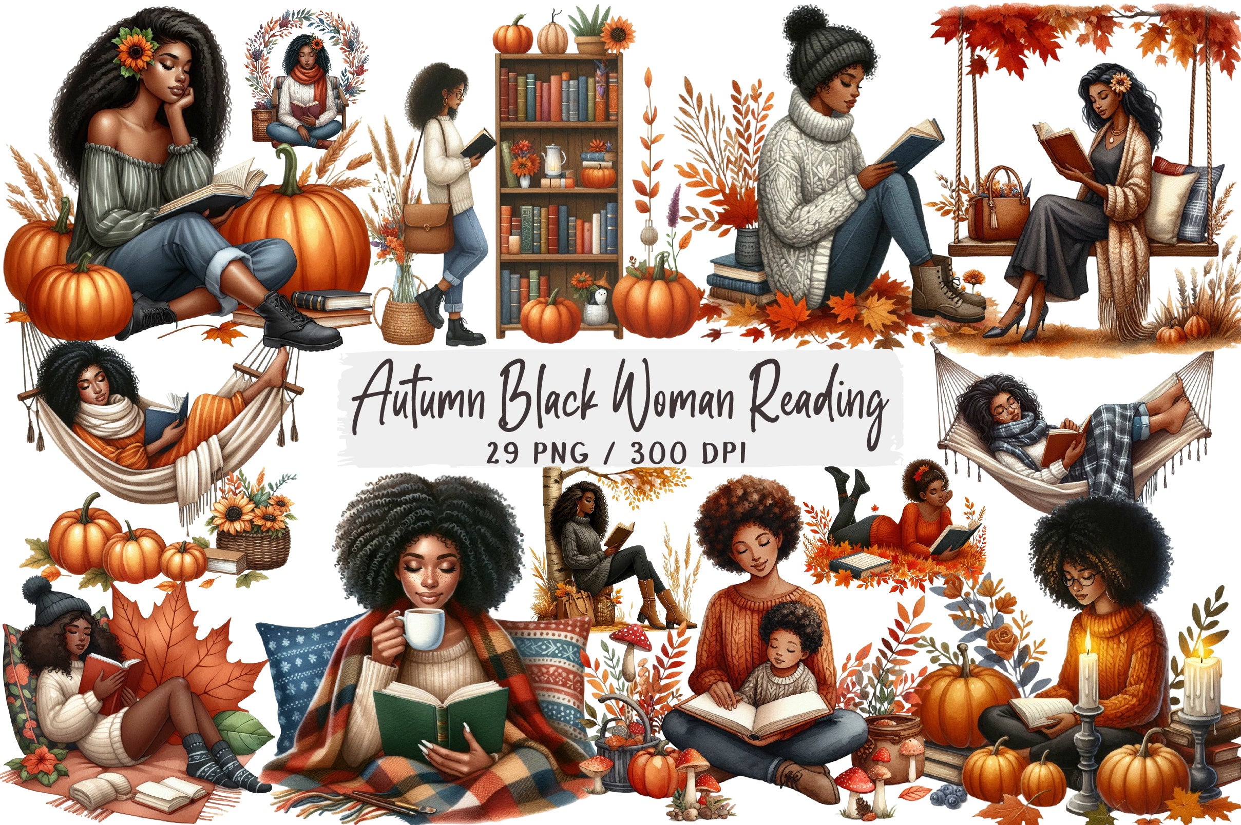 Autumn Black Woman Reading Clipart Bundle