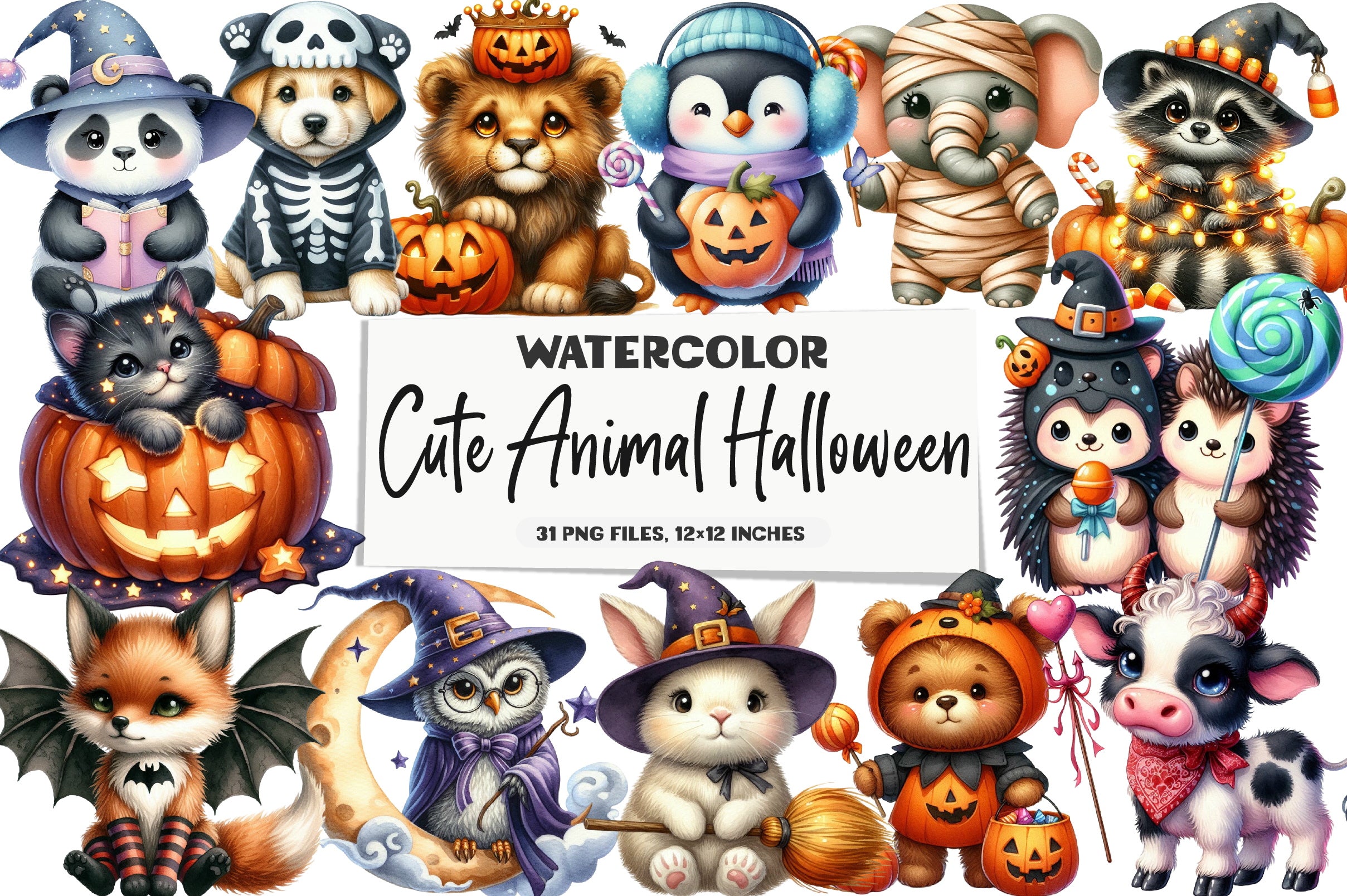 Cute Animal Halloween Clipart Bundle