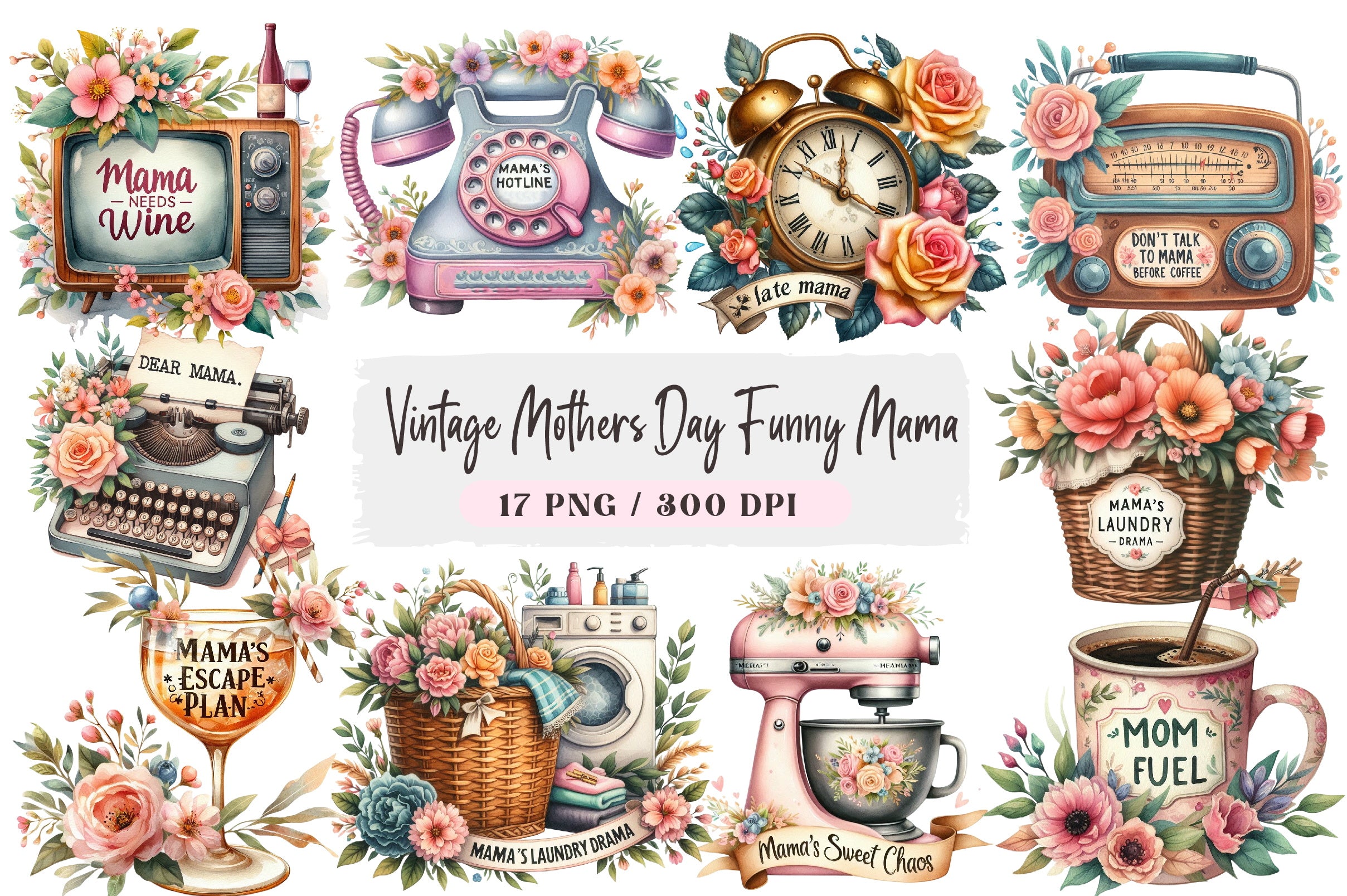 Vintage Mother's Day Funny Mama Clipart Bundle