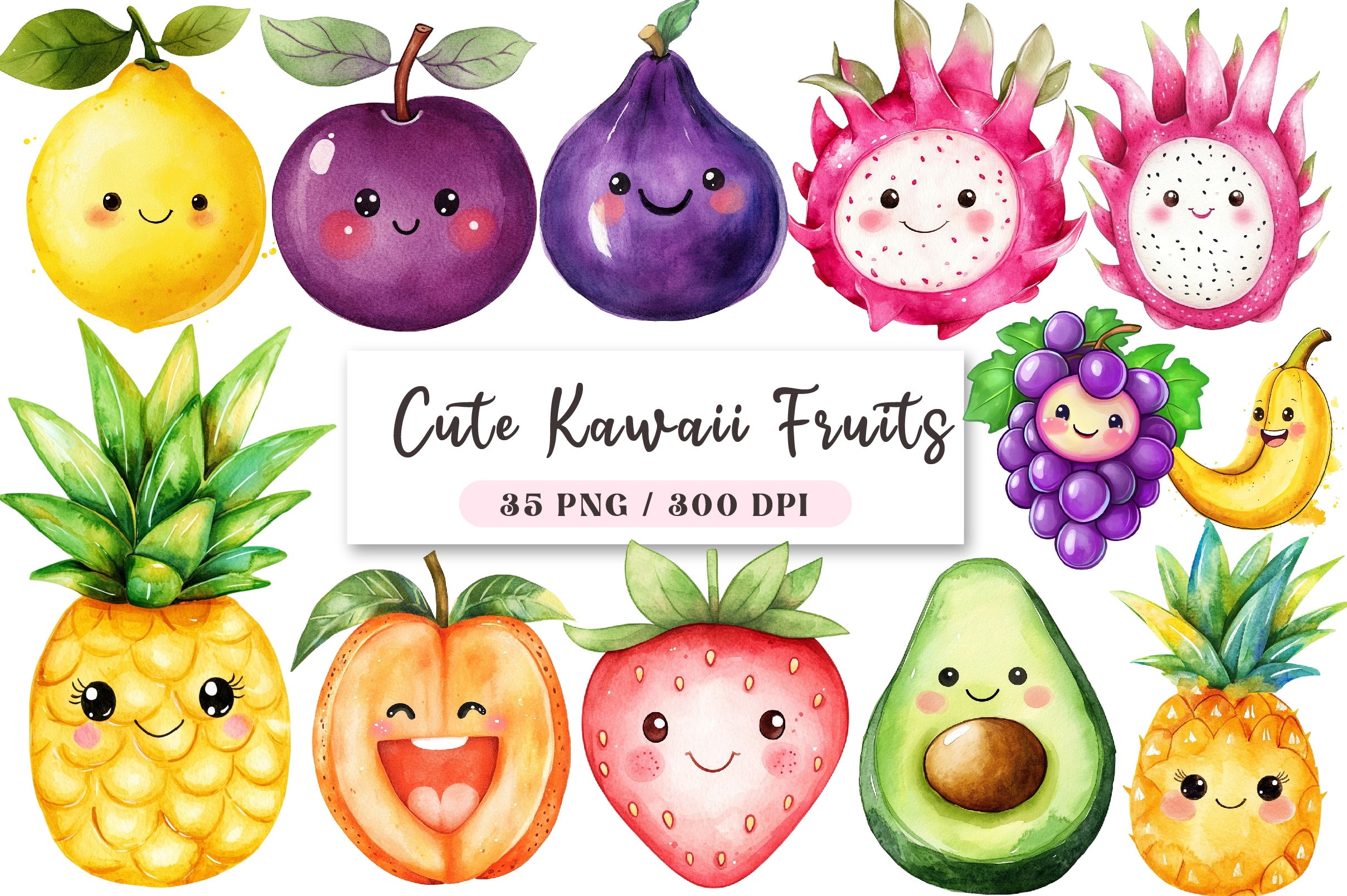 Cute Kawaii Fruits Clipart Bundle