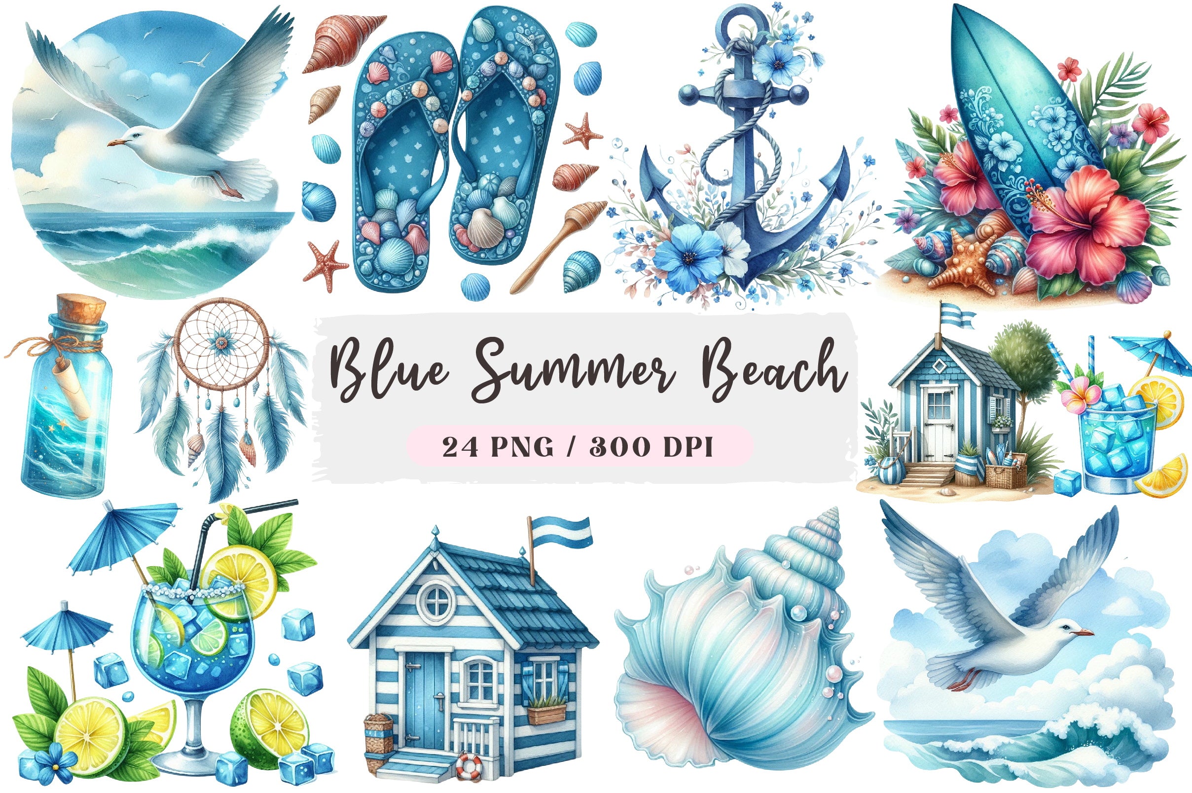 Blue Summer Beach Clipart Bundle