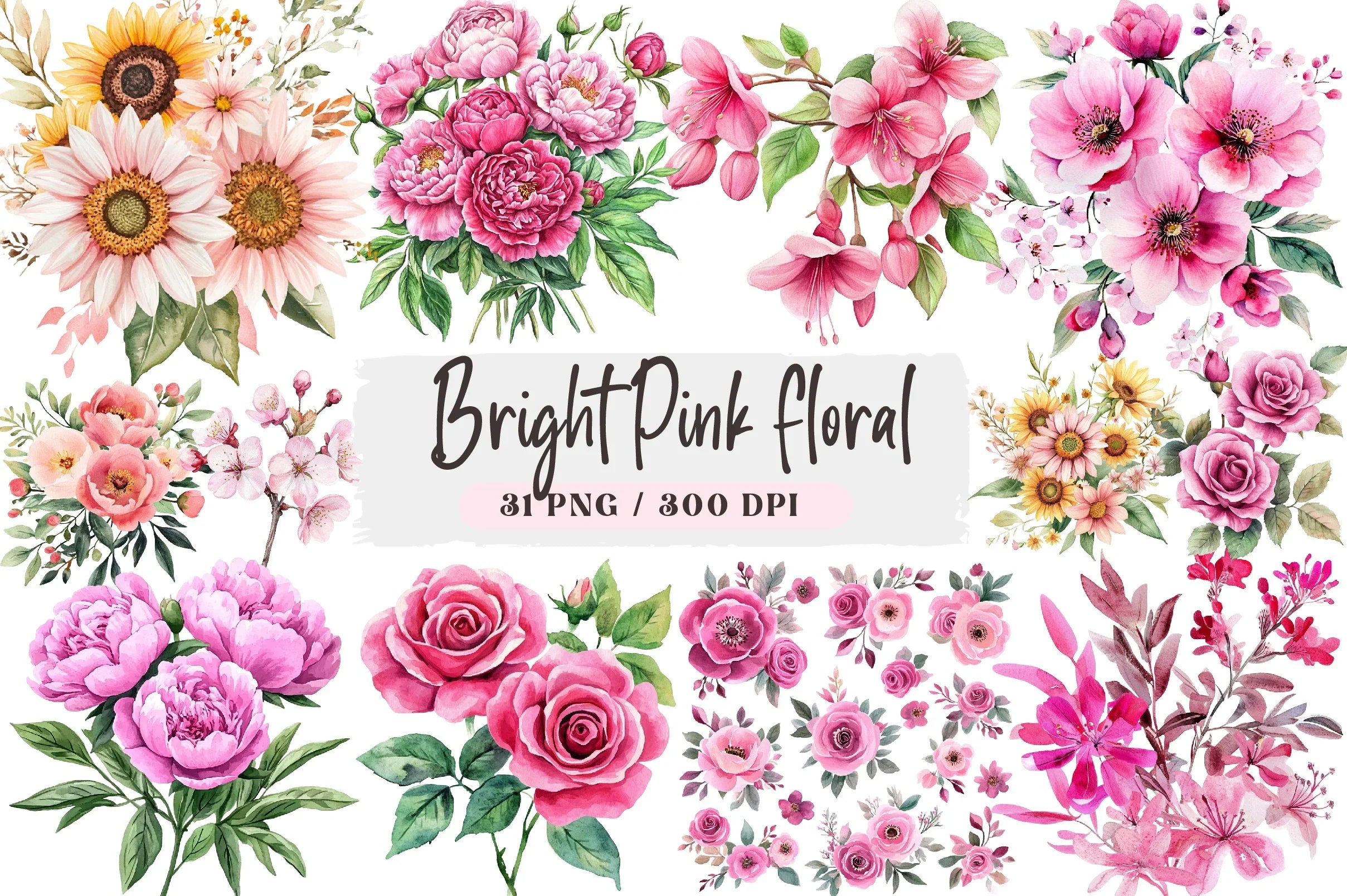 Bright Pink Floral Clipart Bundle - CraftNest - Digital Crafting and Art