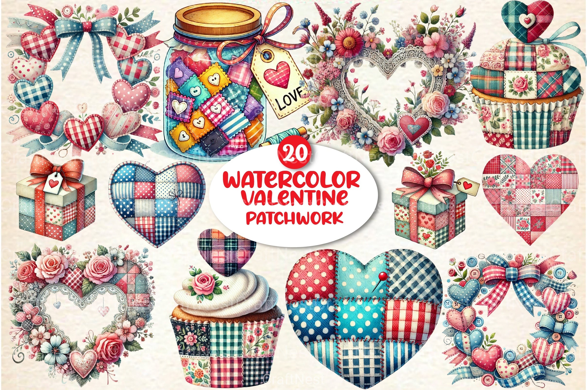 Patchwork Valentine's Day Clipart Bundle 1 - CraftNest - Digital Crafting and Art