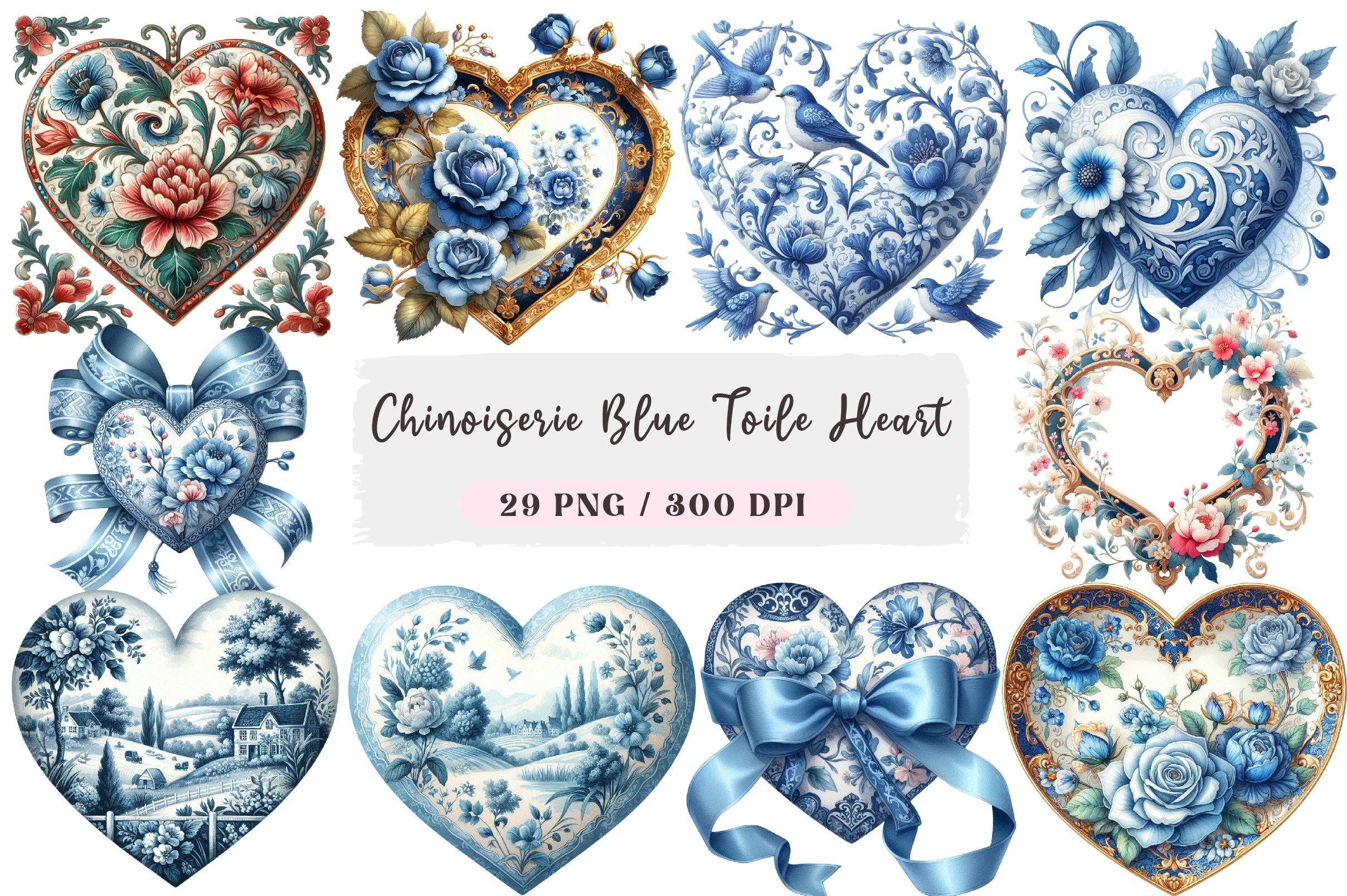 Chinoiserie Blue Toile Heart Clipart Bundle