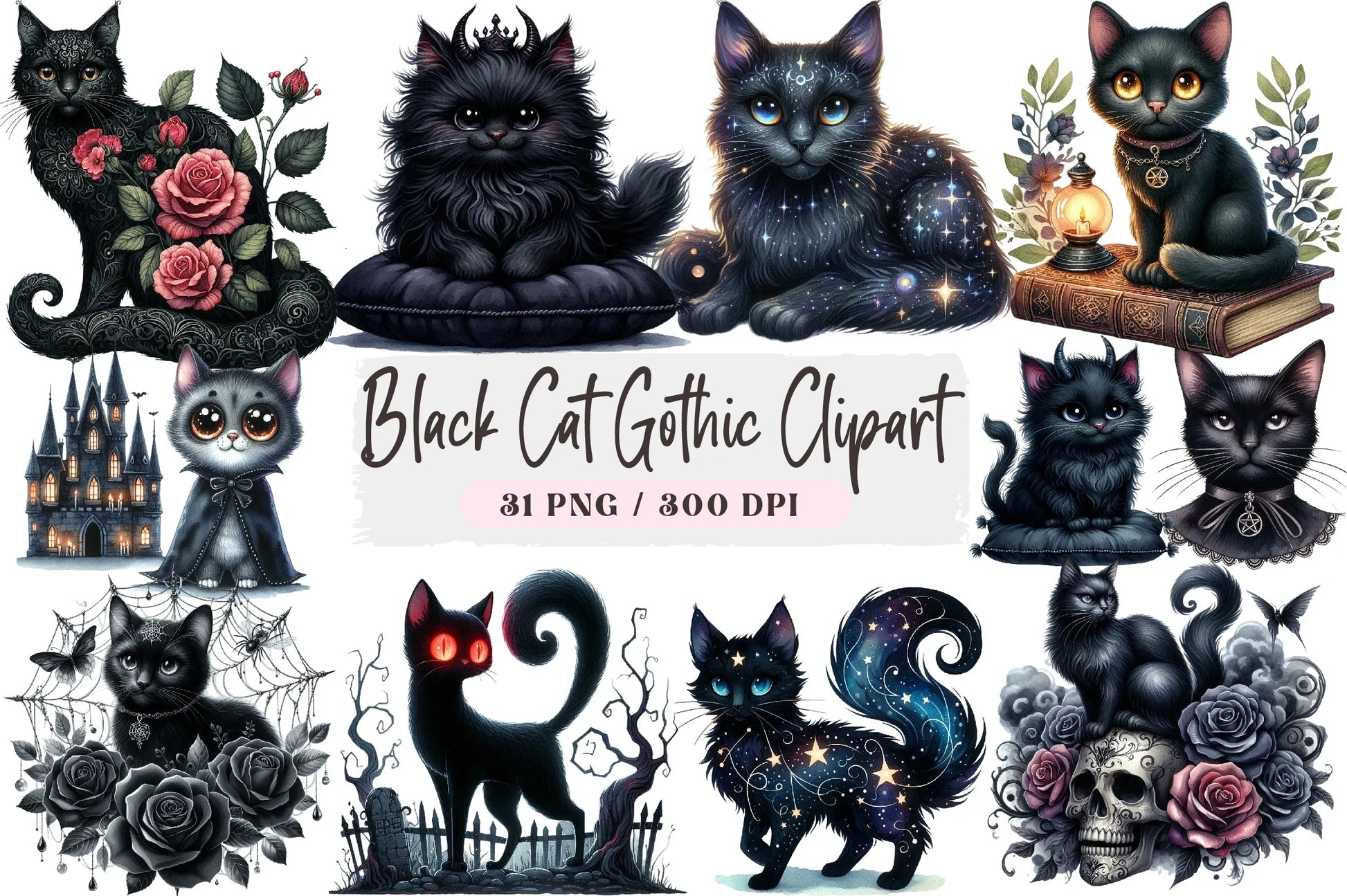 Black Cat Gothic Clipart Bundle - CraftNest - Digital Crafting and Art