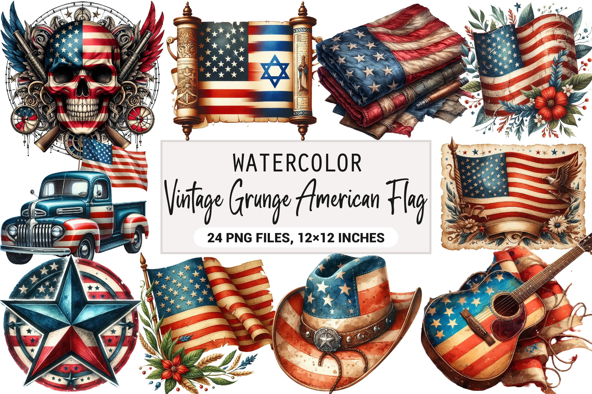 Vintage Grunge American Flag Clipart Bundle