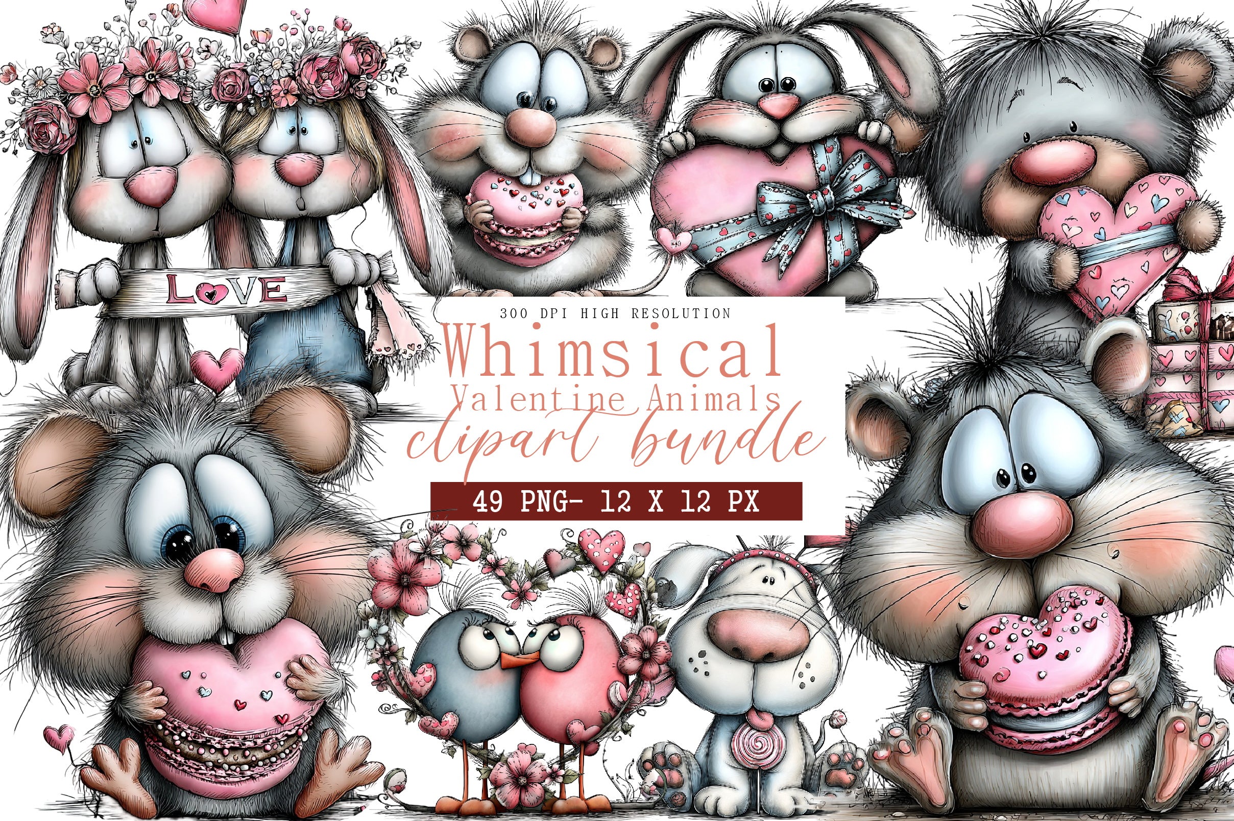 Whimsical Valentine Animals Clipart Bundle
