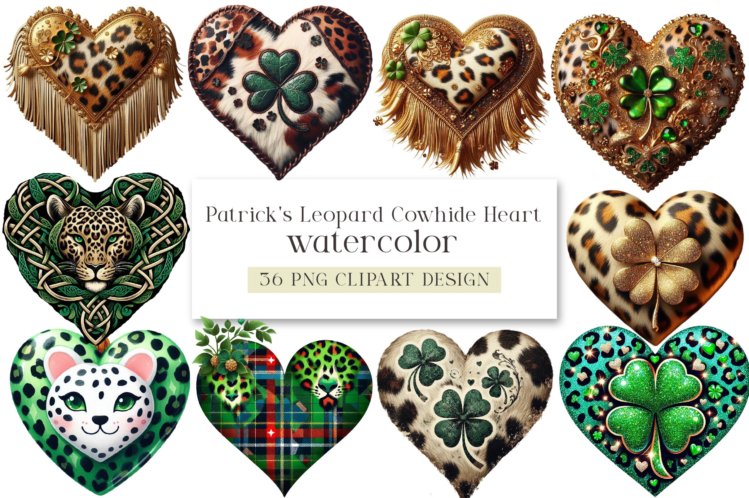 Patrick's Leopard Cowhide Heart Clipart Bundle