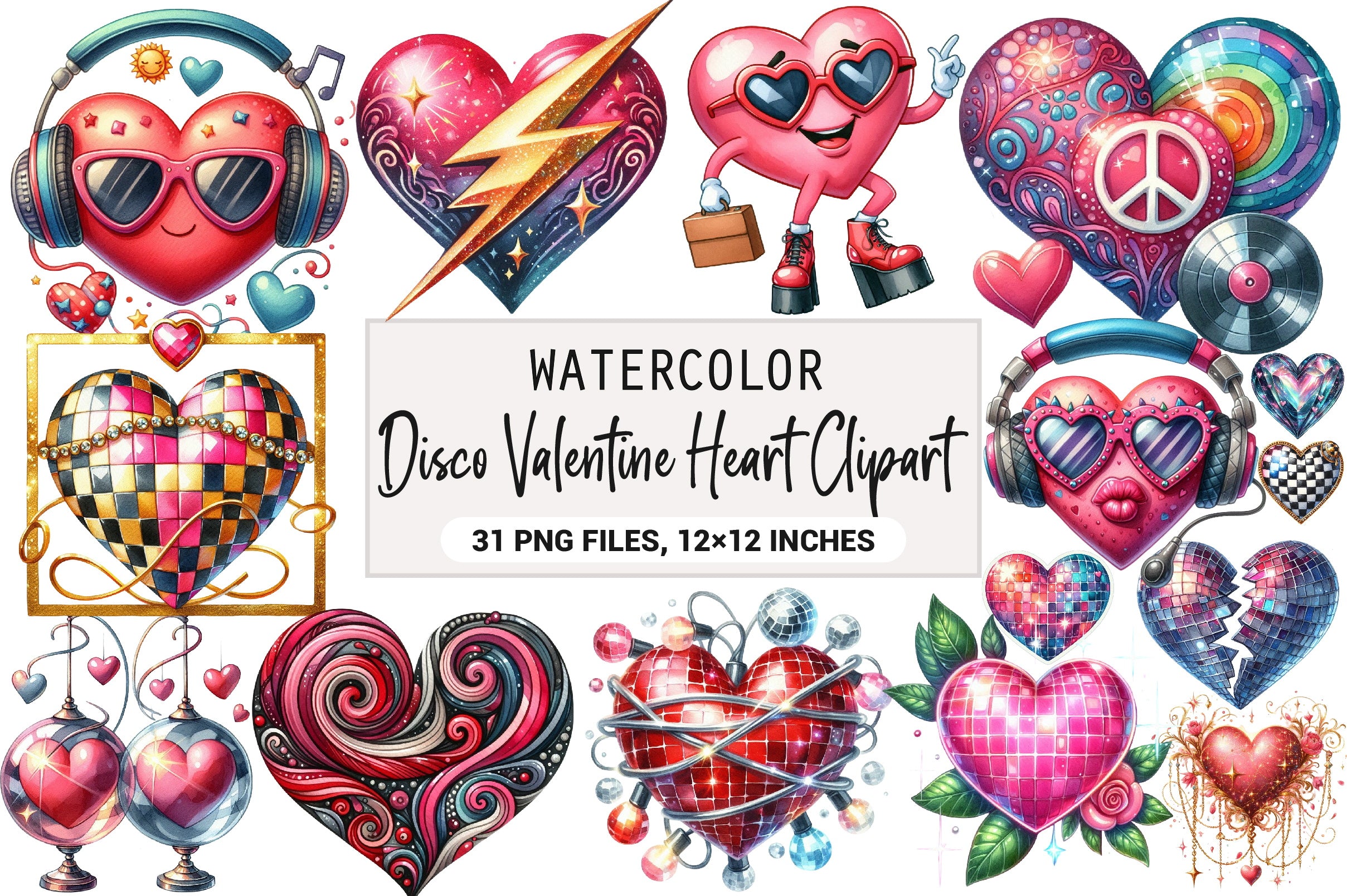 Disco Valentine Heart Clipart Bundle
