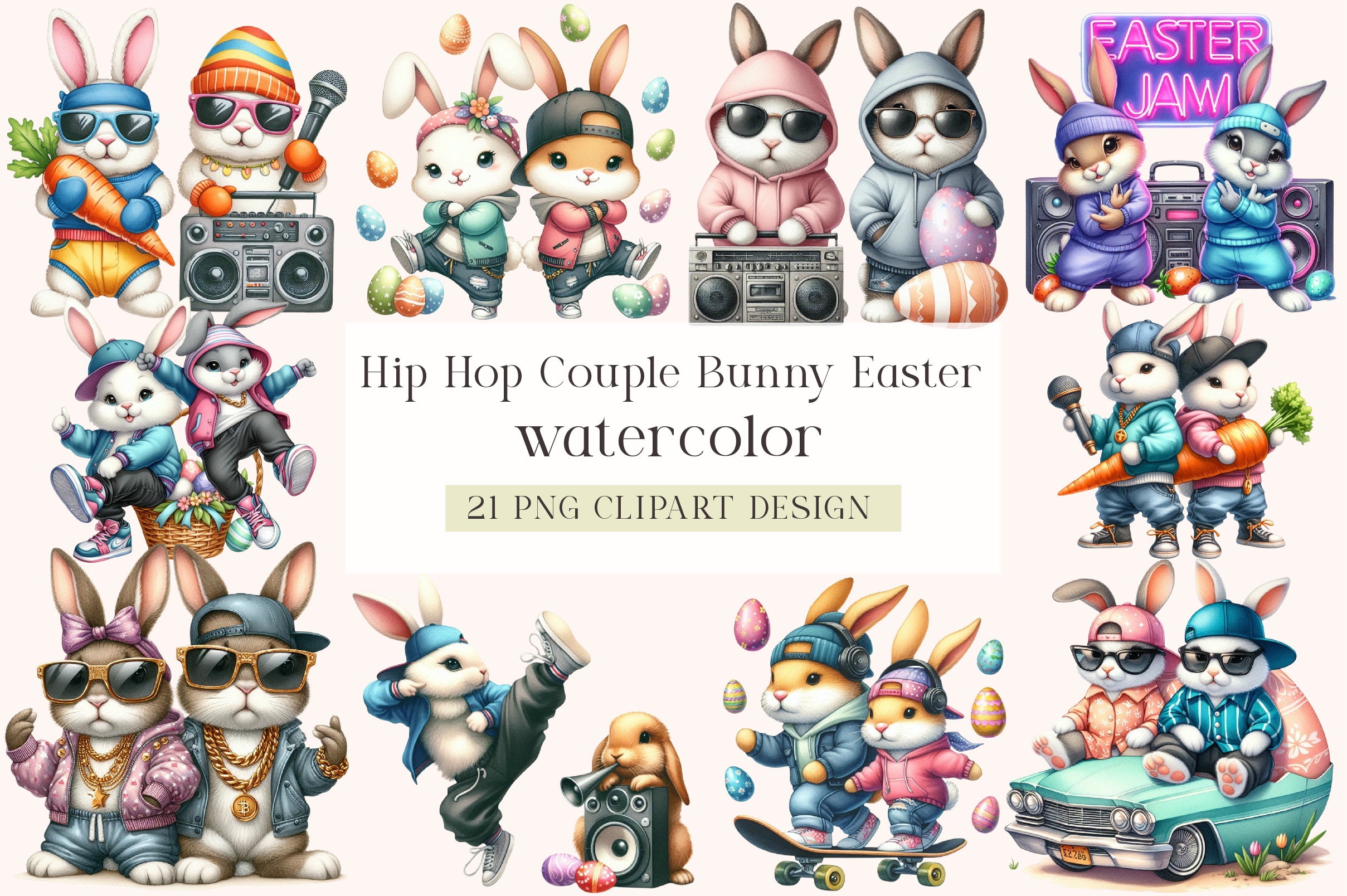Hip Hop Couple Bunny Easter Clipart Bundle