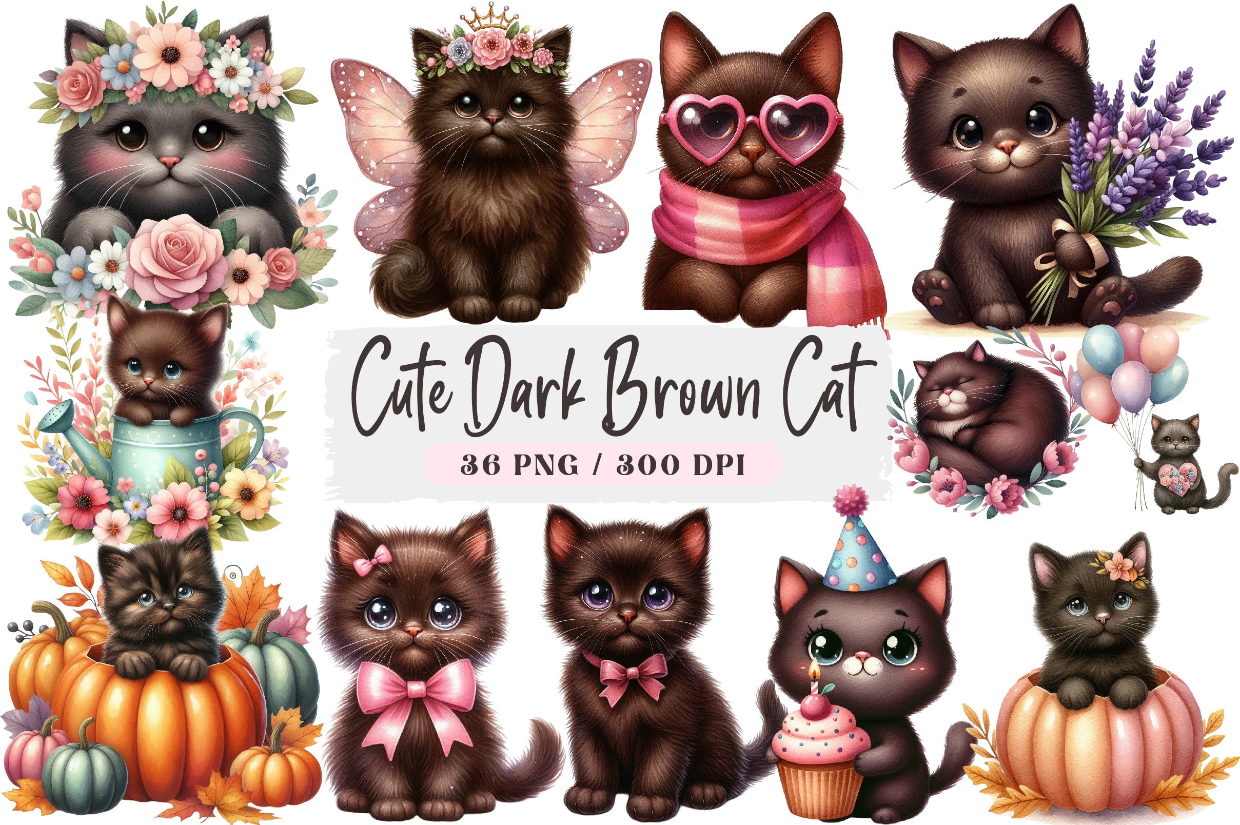 Cute Dark Brown Cat Clipart Bundle