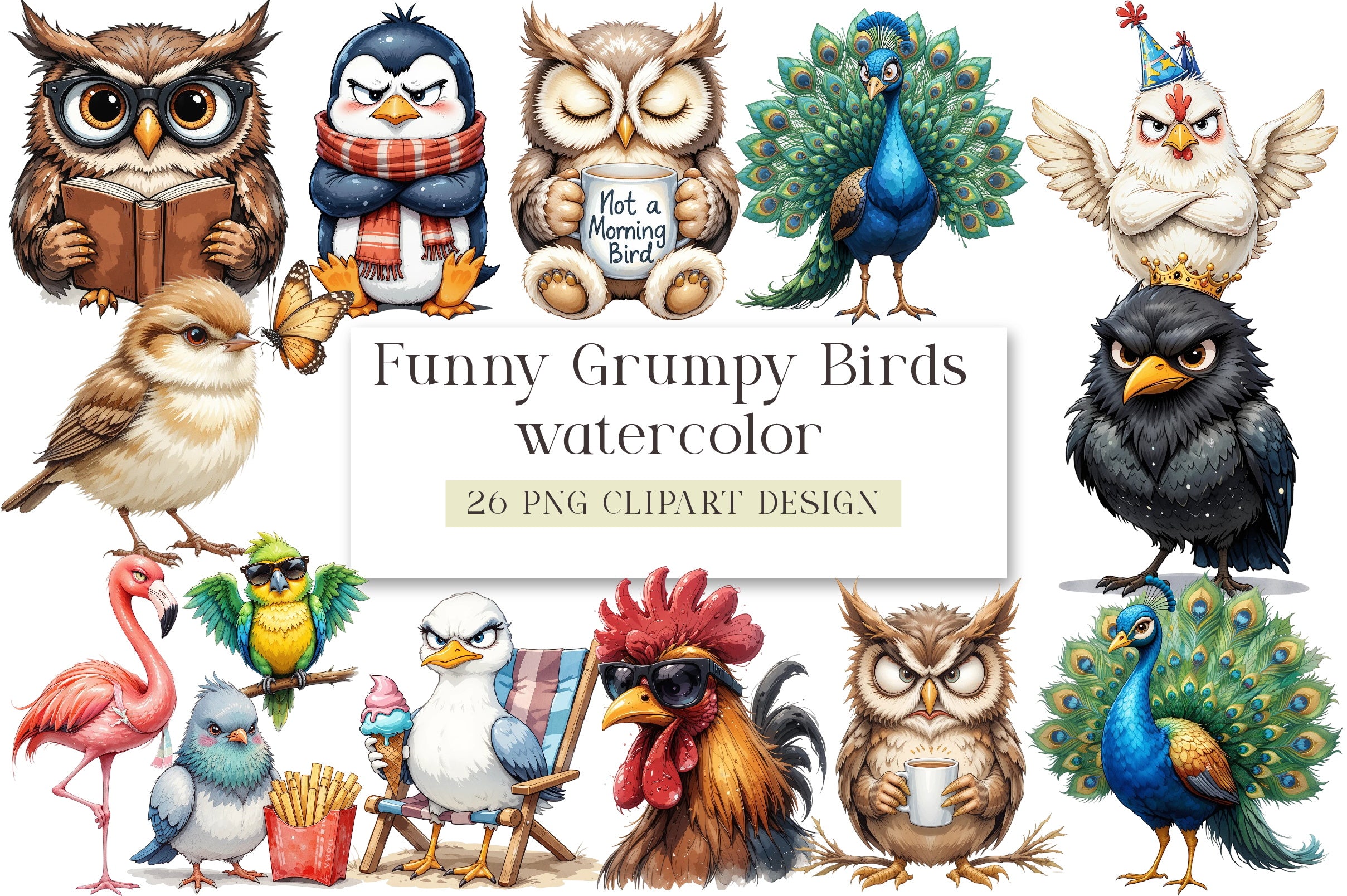 Funny Grumpy Birds Clipart Bundle