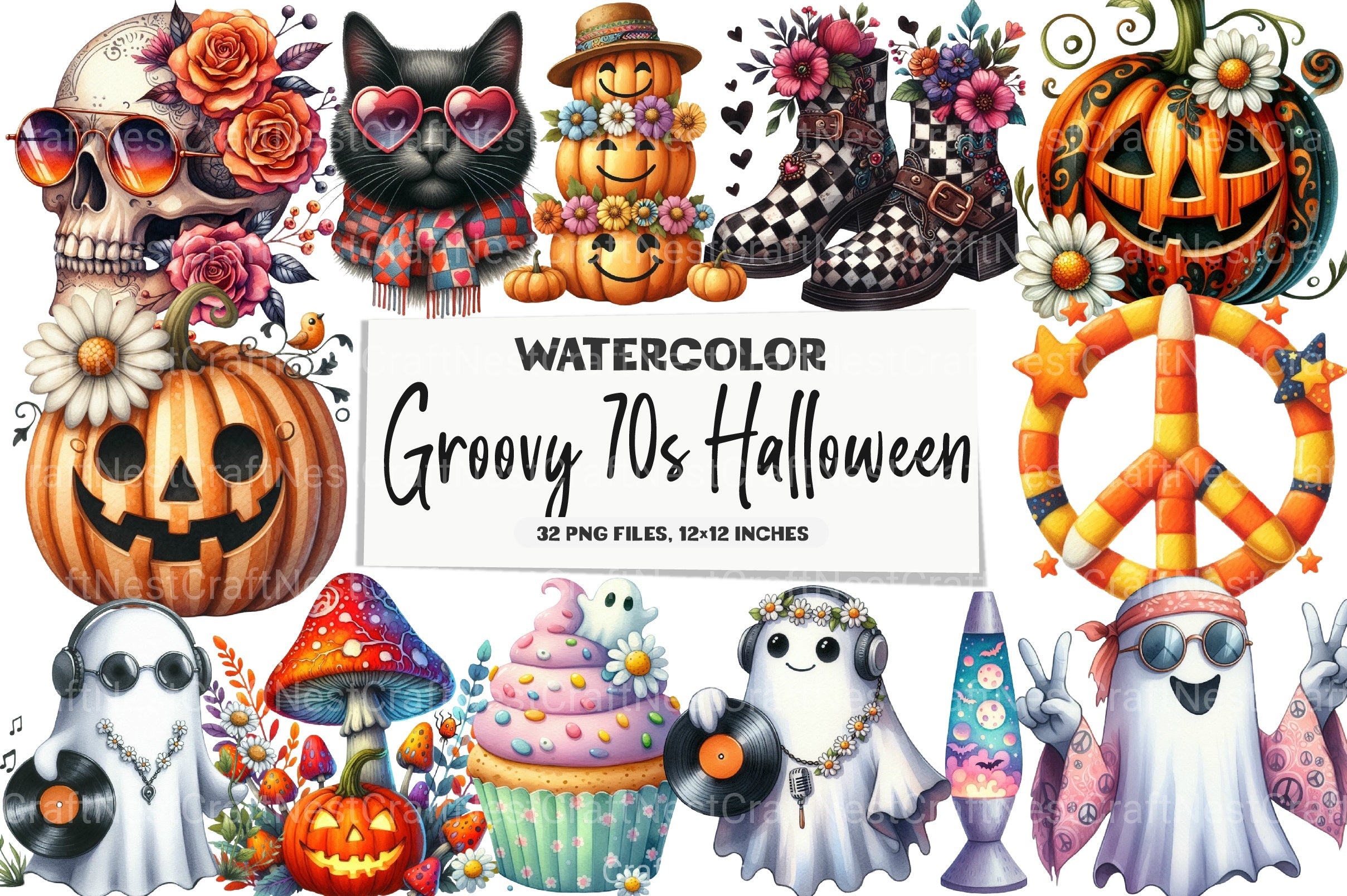 Groovy 70s Halloween Clipart Bundle 24 - CraftNest - Digital Crafting and Art
