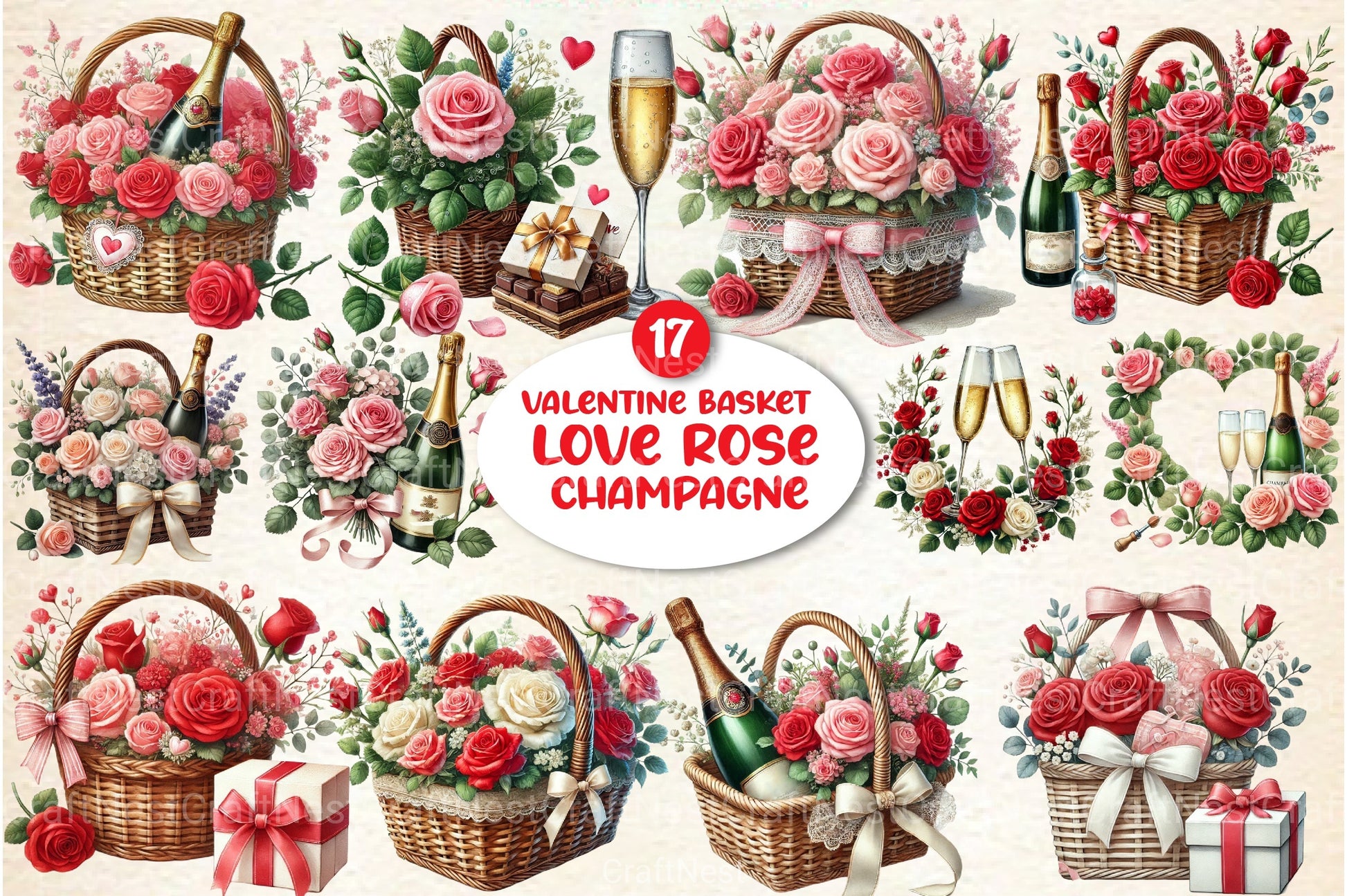 Valentine's Basket Love Rose Champagne Clipart Bundle - CraftNest - Digital Crafting and Art