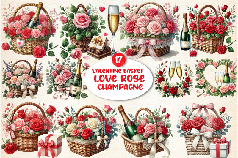 Valentine's Basket Love Rose Champagne Clipart Bundle - CraftNest - Digital Crafting and Art