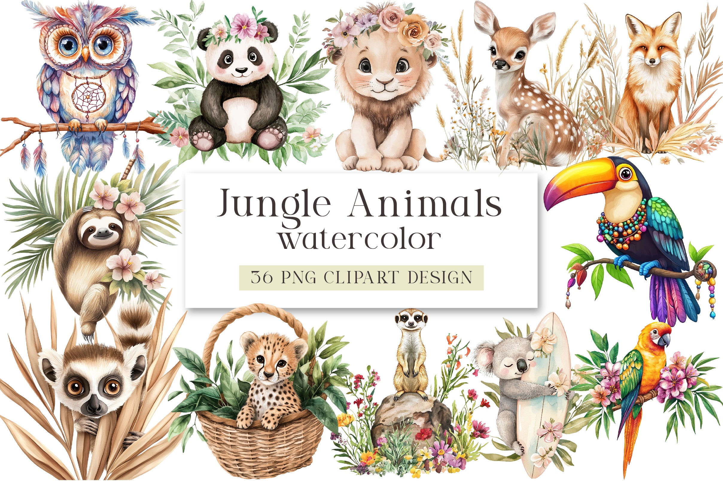 Boho Jungle Animals Summer Clipart Bundle
