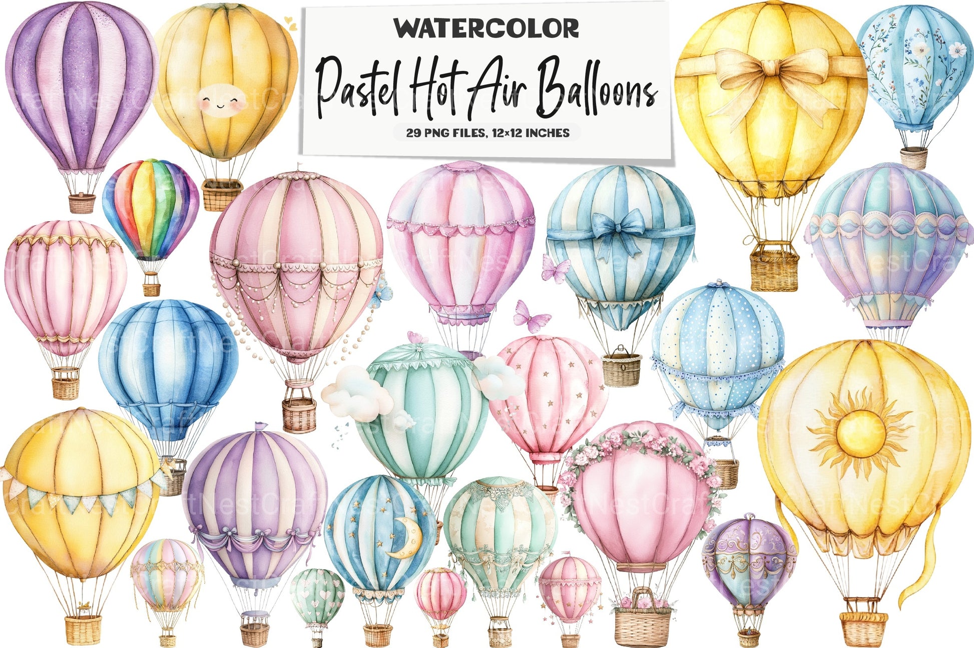 Pastel Hot Air Balloons Clipart Bundle - CraftNest - Digital Crafting and Art