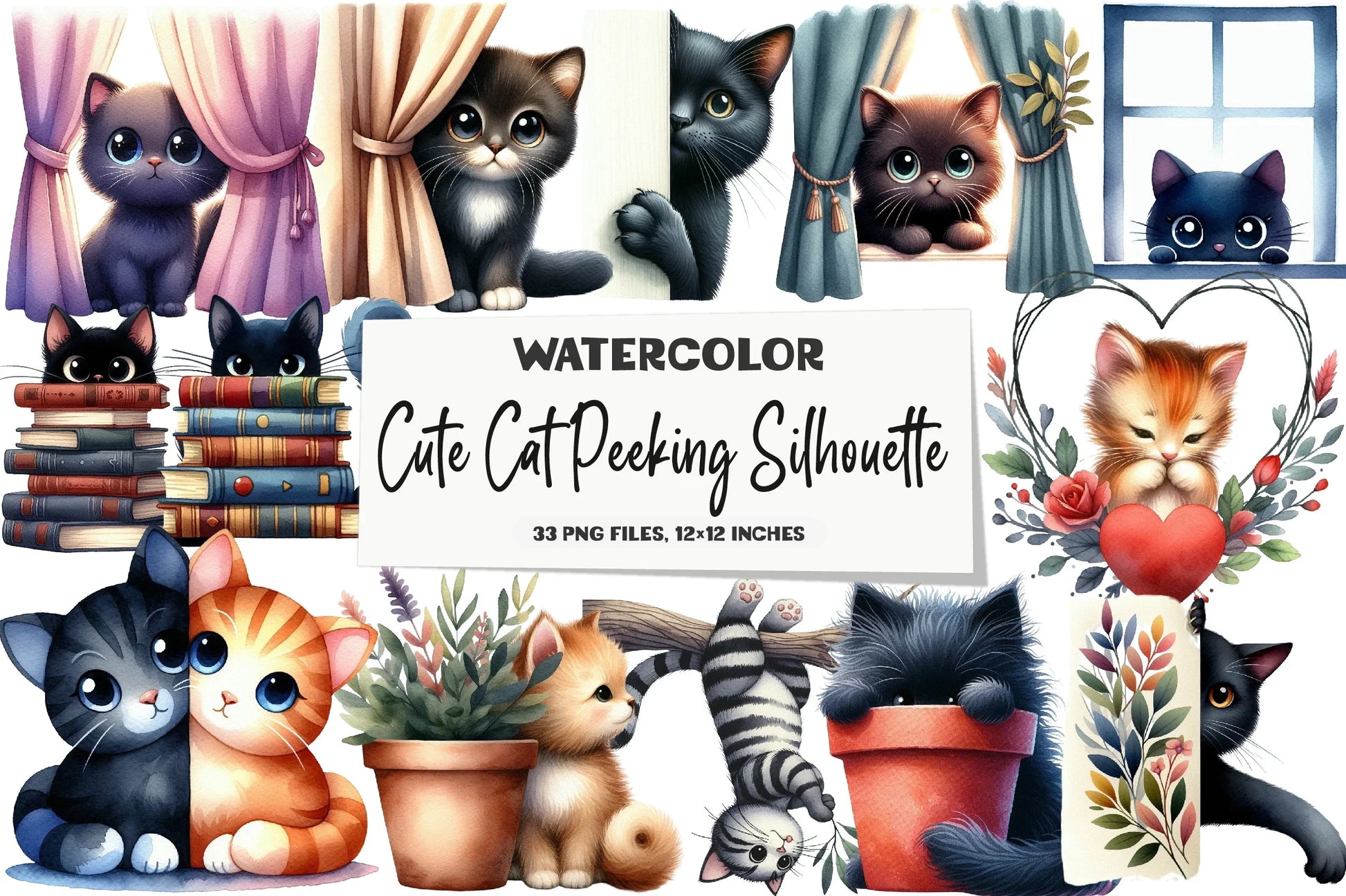 Cute Cat Peeking Silhouette Clipart Bundle - CraftNest - Digital Crafting and Art
