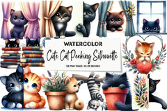 Cute Cat Peeking Silhouette Clipart Bundle - CraftNest - Digital Crafting and Art