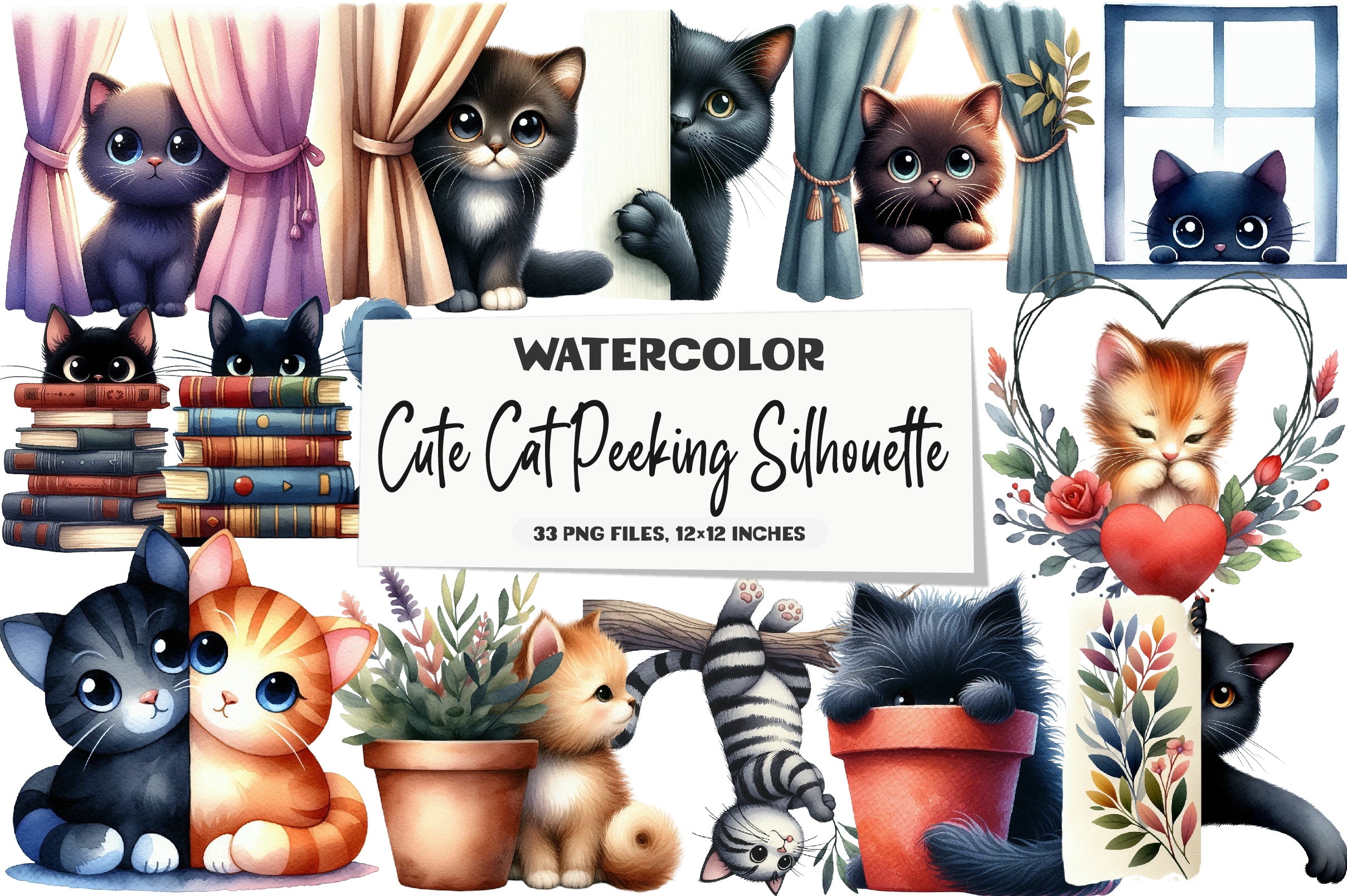 Cute Cat Peeking Silhouette Clipart Bundle