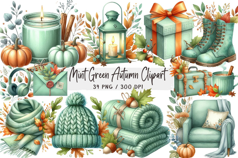 Mint Green Autumn Clipart Bundle - CraftNest - Digital Crafting and Art