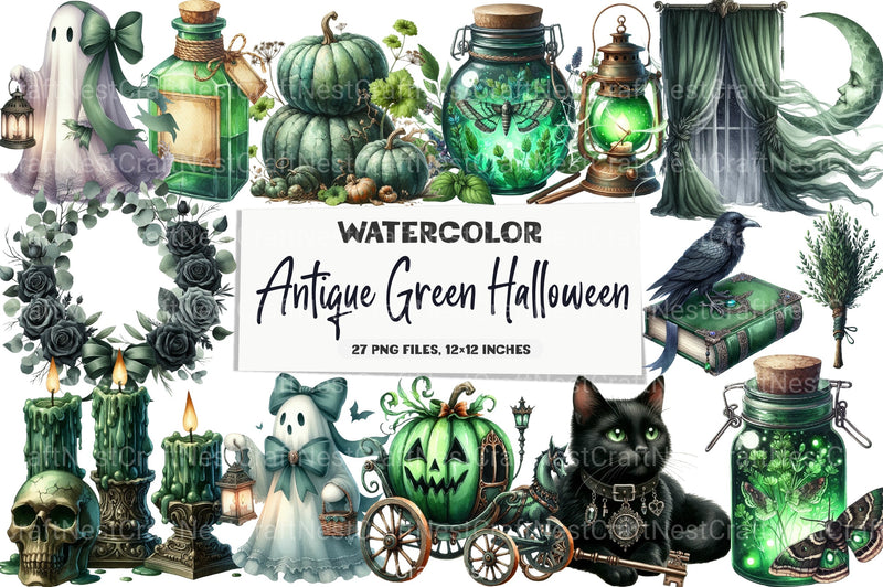 Antique Green Halloween Clipart Bundle 2 - CraftNest - Digital Crafting and Art