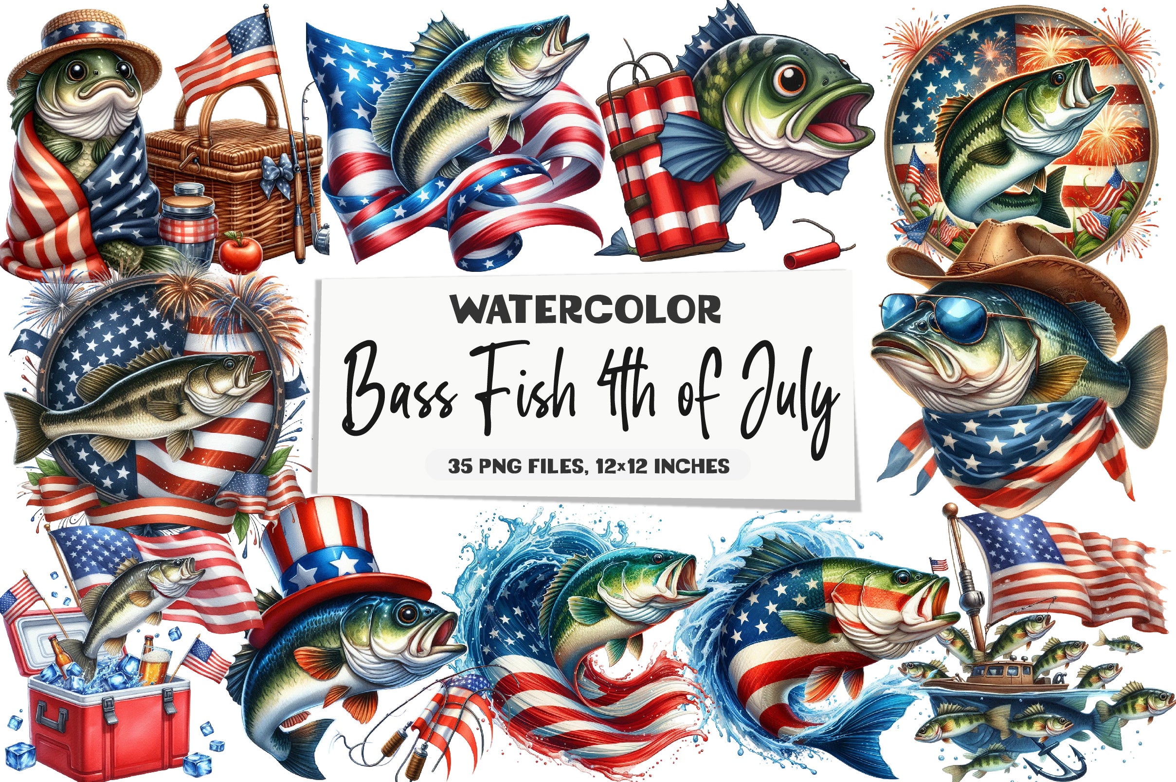4th of July Bass Fish Clipart Bundle
