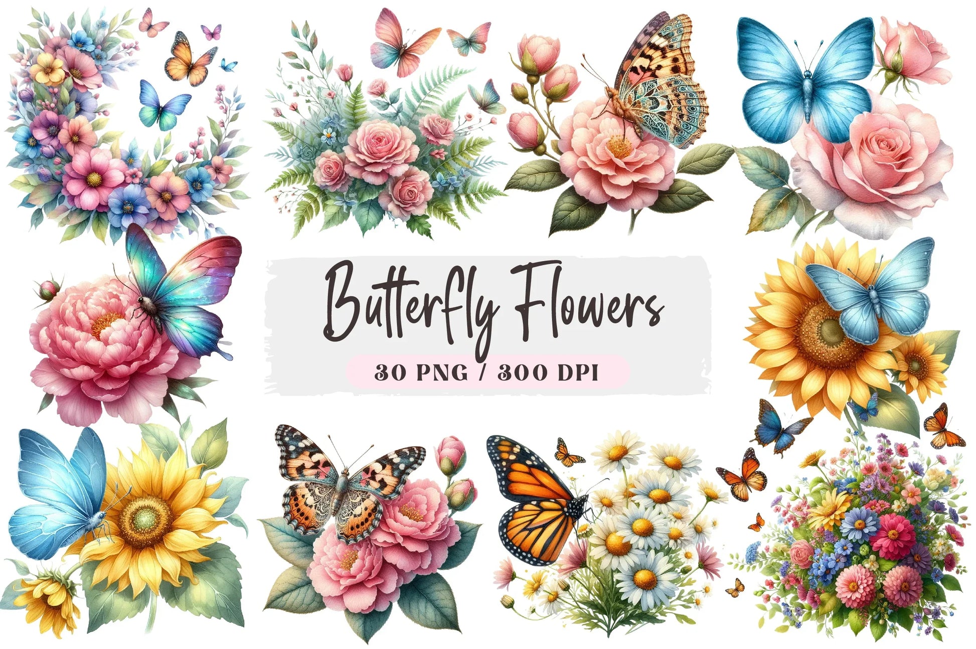 Butterfly Flowers Clipart Bundle - CraftNest - Digital Crafting and Art