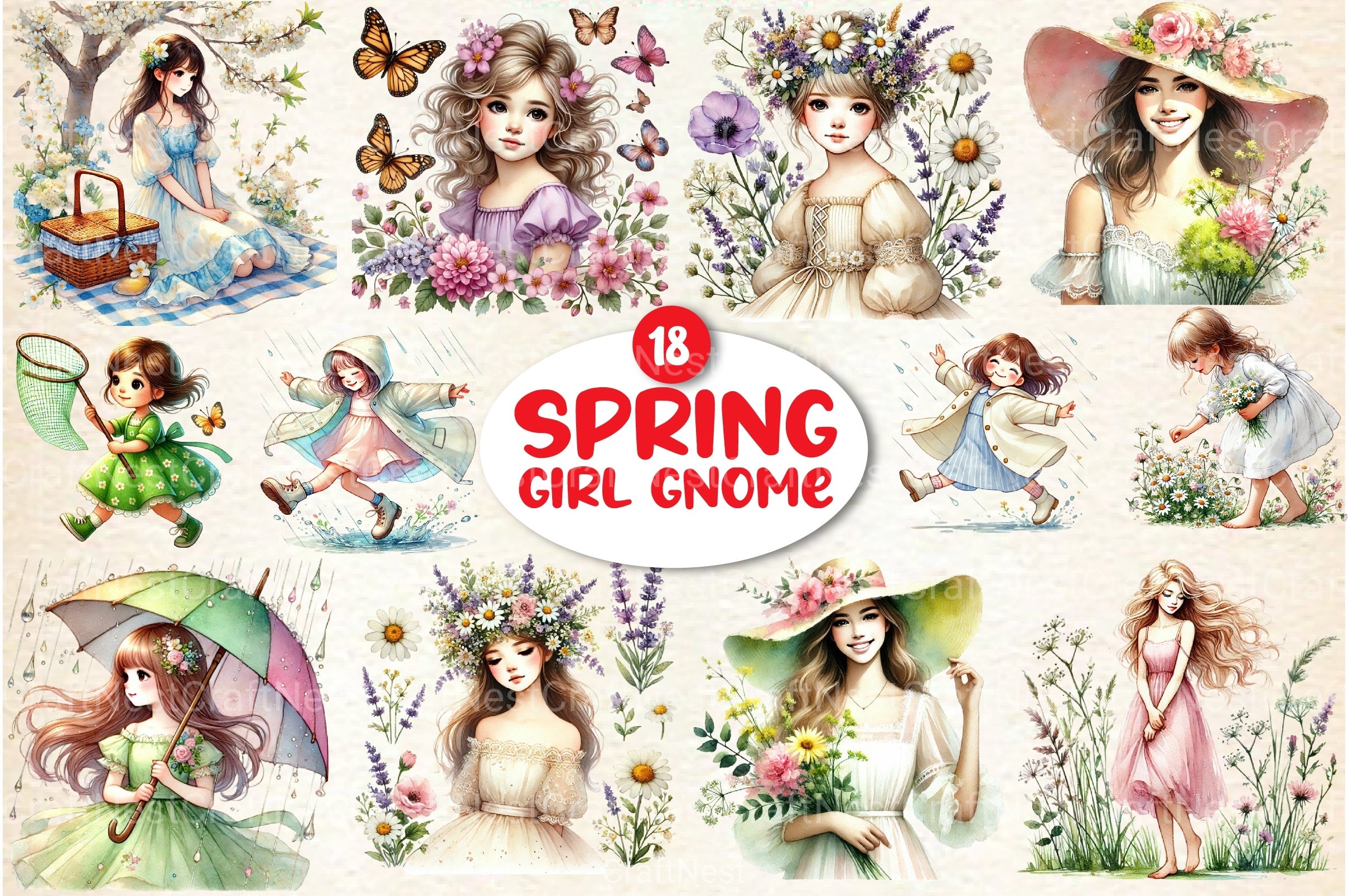 Spring Girl Gnome Clipart Bundle - CraftNest - Digital Crafting and Art