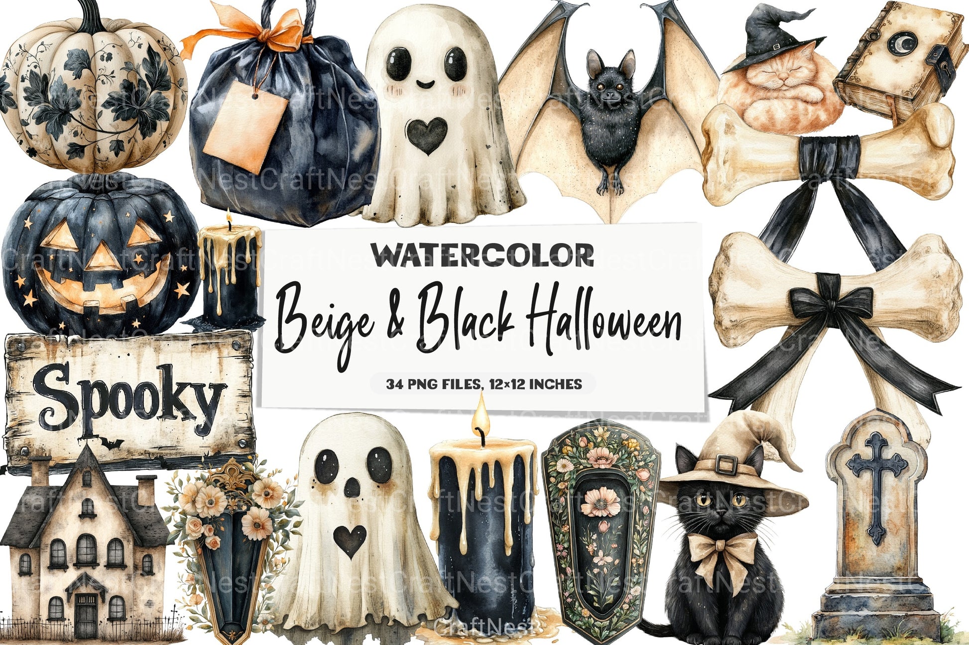 Beige & Black Halloween Clipart Bundle 3 - CraftNest - Digital Crafting and Art