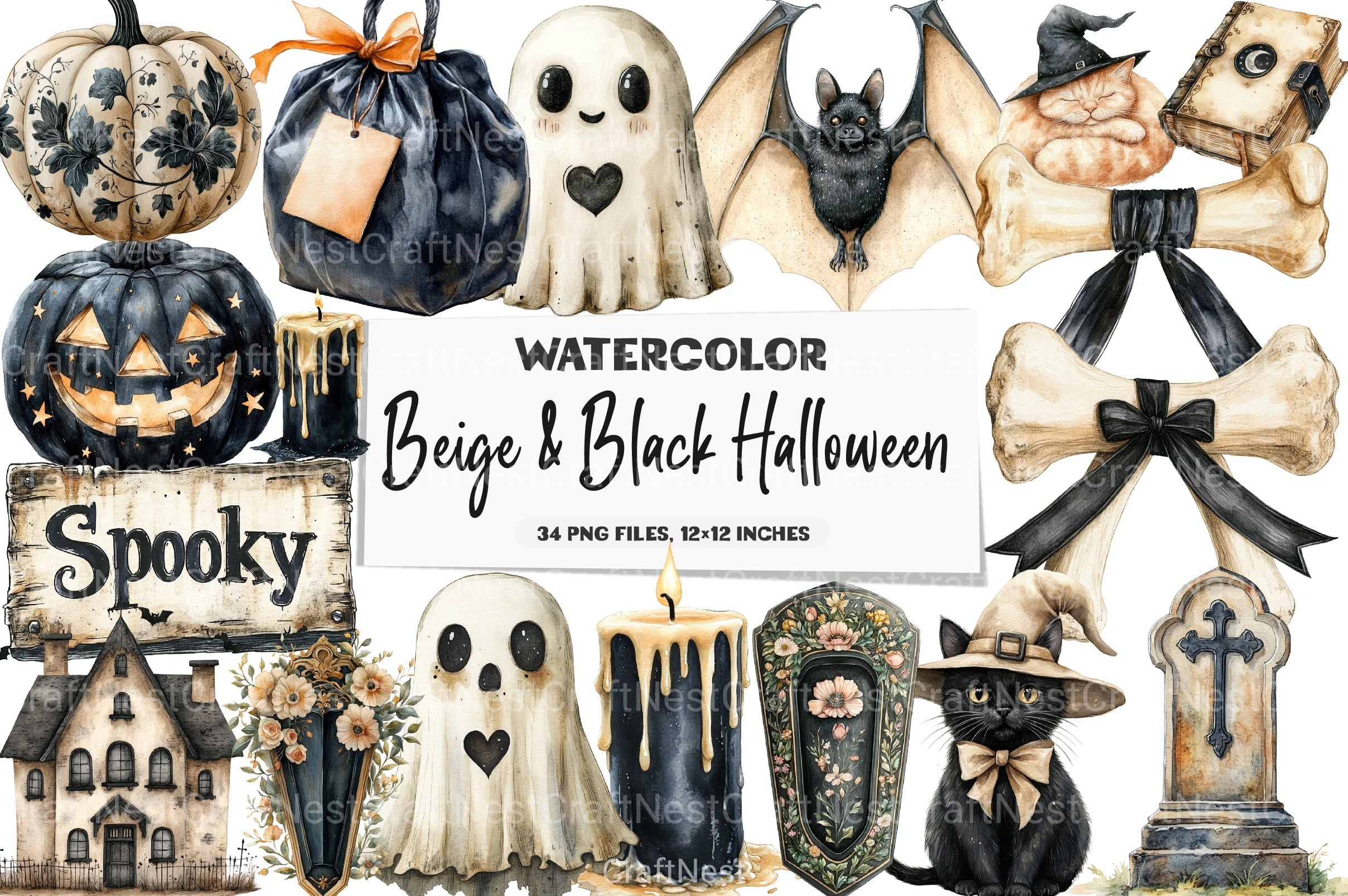 Beige & Black Halloween Clipart Bundle 3 - CraftNest - Digital Crafting and Art