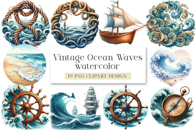Vintage Ocean Waves Clipart Bundle - CraftNest - Digital Crafting and Art