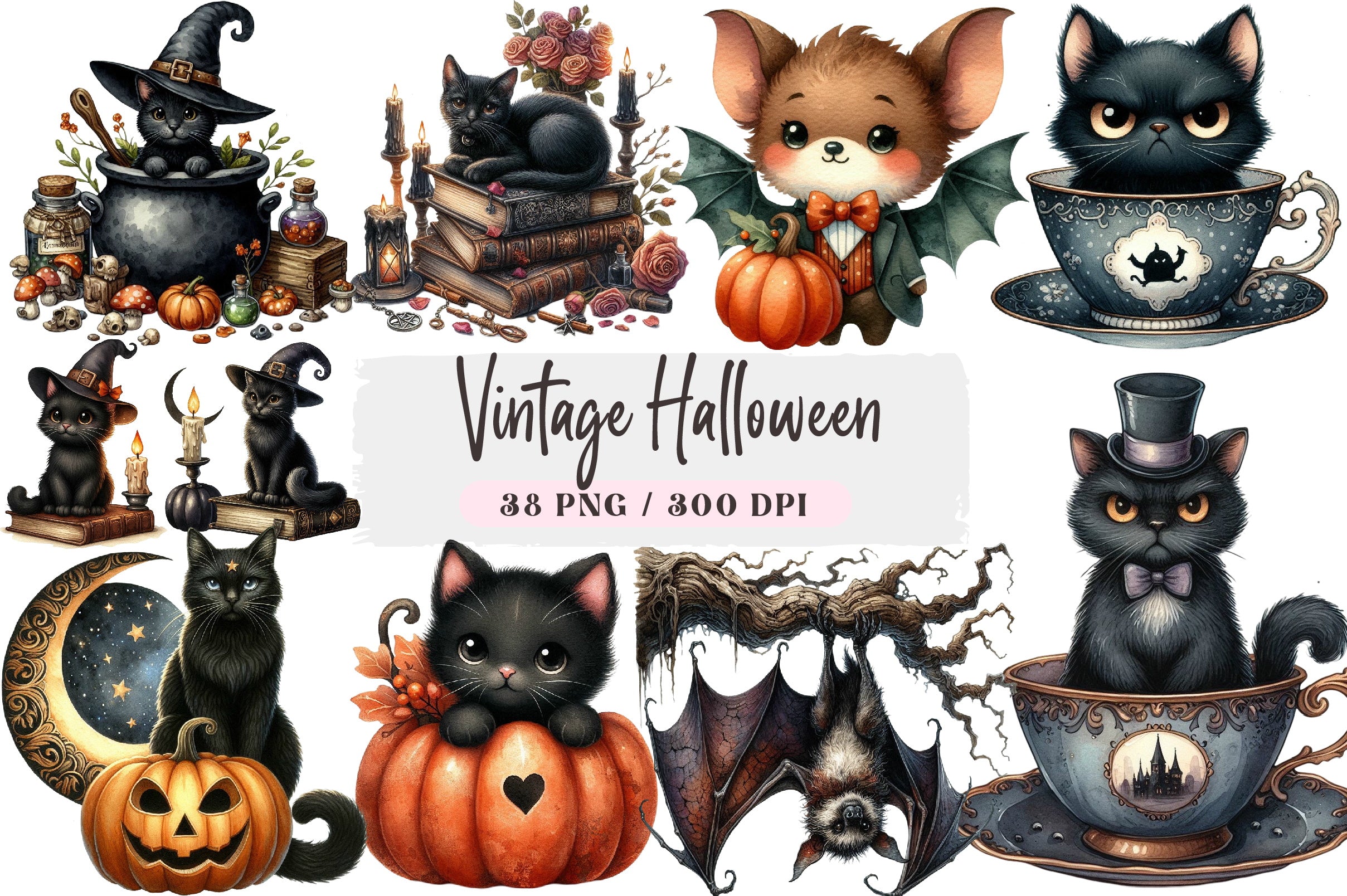 Vintage Halloween Cats and Bats Clipart Bundle
