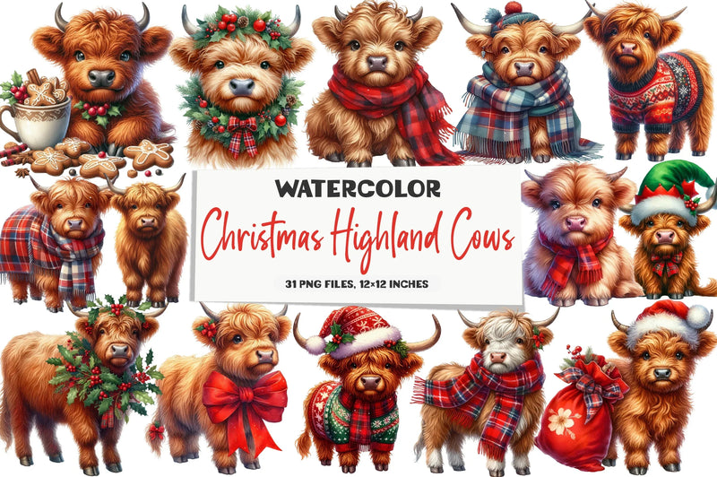 Christmas Highland Cows Clipart Bundle - CraftNest - Digital Crafting and Art
