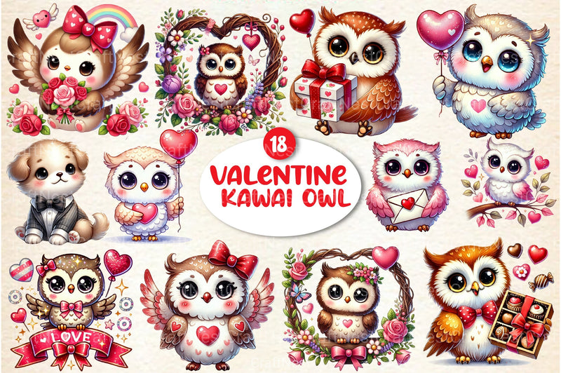 Cute Kawaii Owl Valentine Clipart Bundle 77 - CraftNest - Digital Crafting and Art