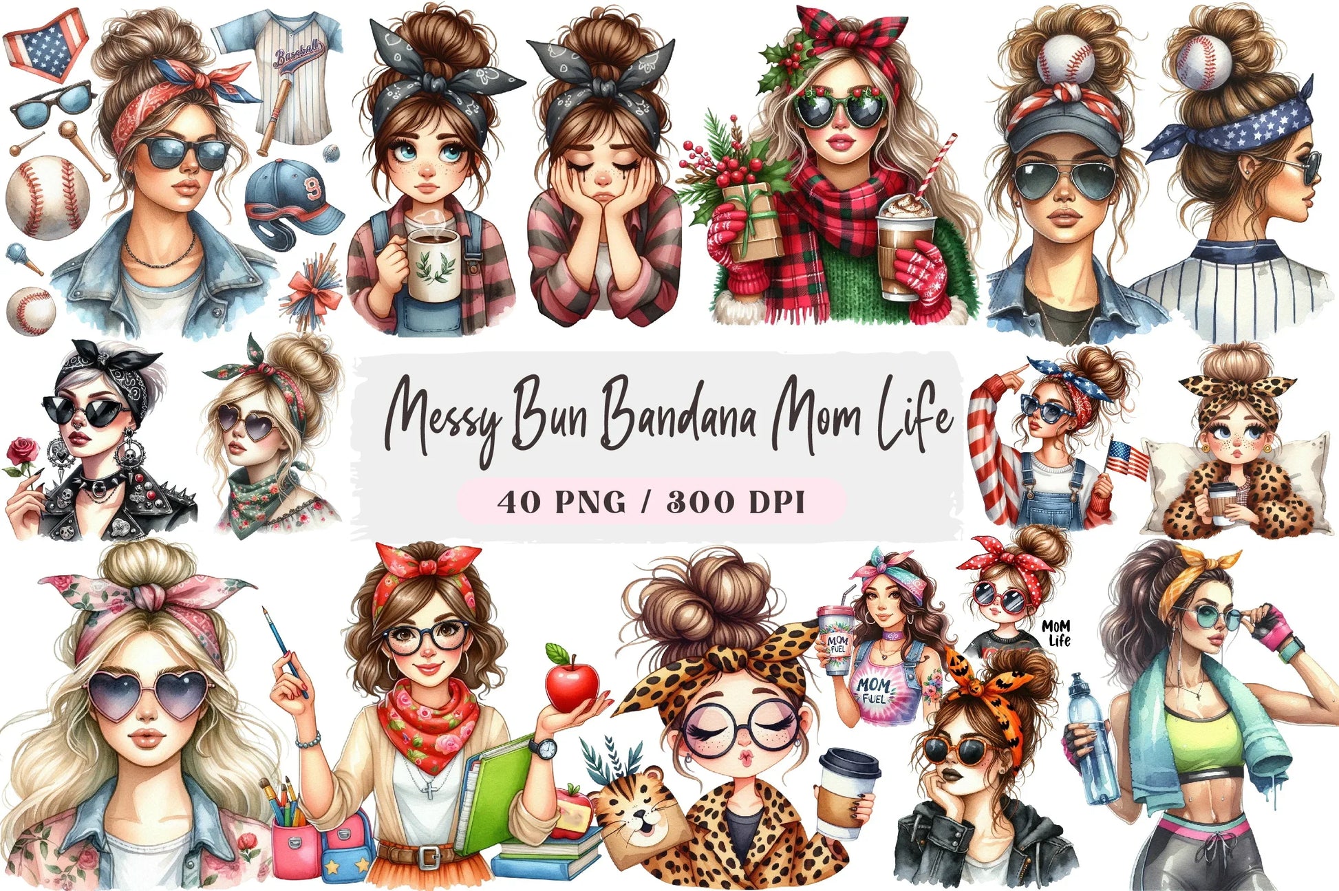 Messy Bun Bandana Mom Life Clipart Bundle - CraftNest - Digital Crafting and Art