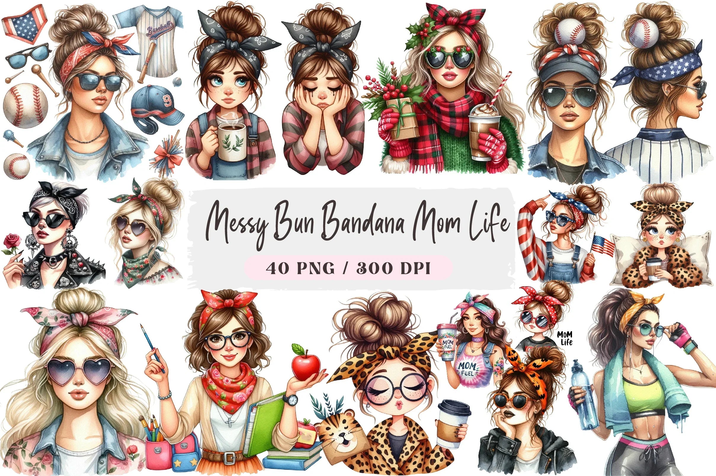 Messy Bun Bandana Mom Life Clipart Bundle - CraftNest - Digital Crafting and Art