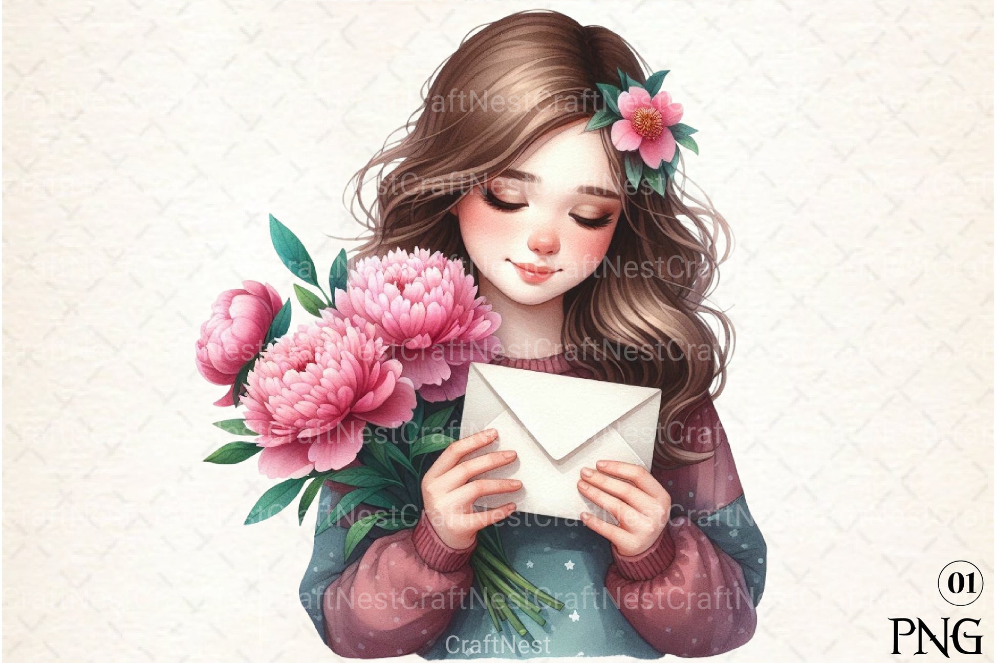 Girl with Peonies Flower Clipart Bundle 5 - CraftNest - Digital Crafting and Art