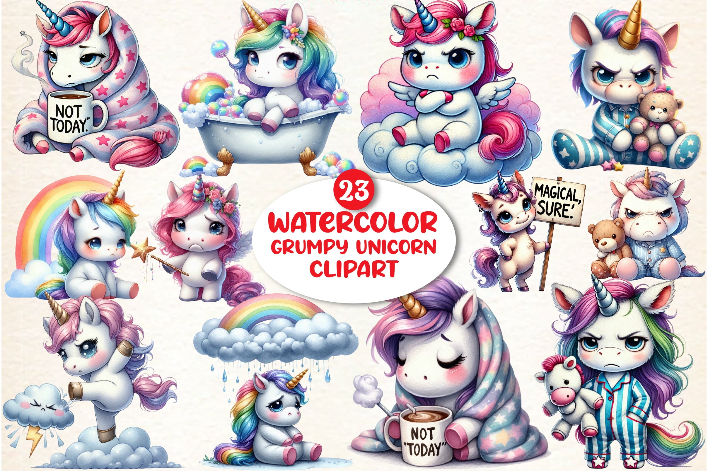 Grumpy Unicorn Clipart Bundle
