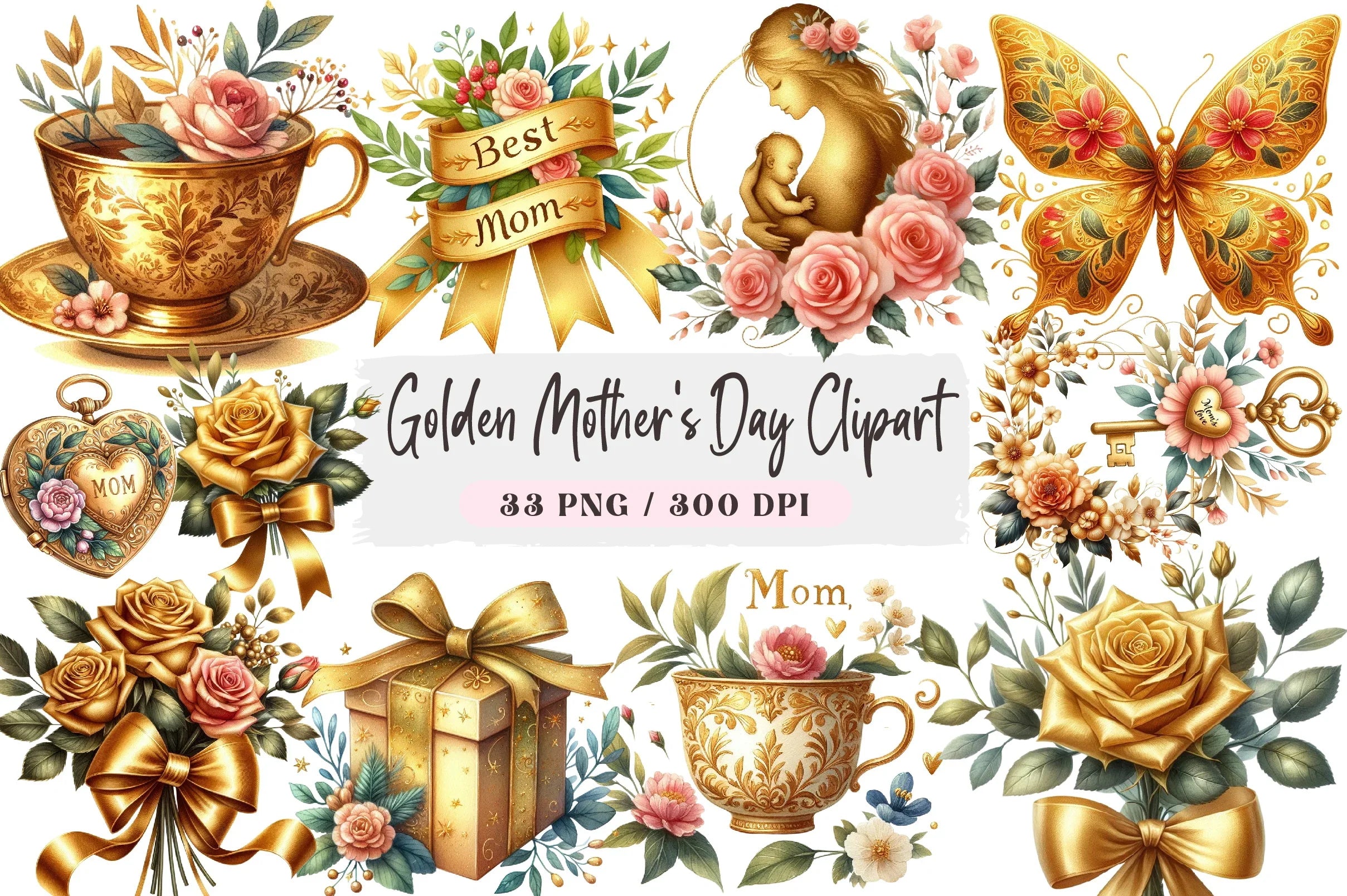 Golden Mother's Day Clipart Bundle - CraftNest - Digital Crafting and Art