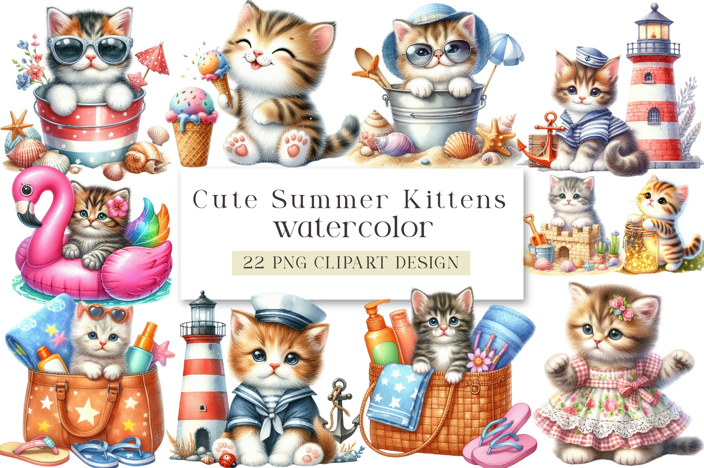 Cute Summer Kittens Clipart Bundle