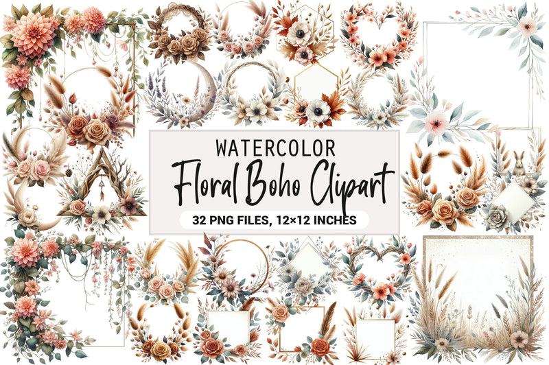 Boho Floral Frame Border Wreath Clipart Bundle - CraftNest - Digital Crafting and Art