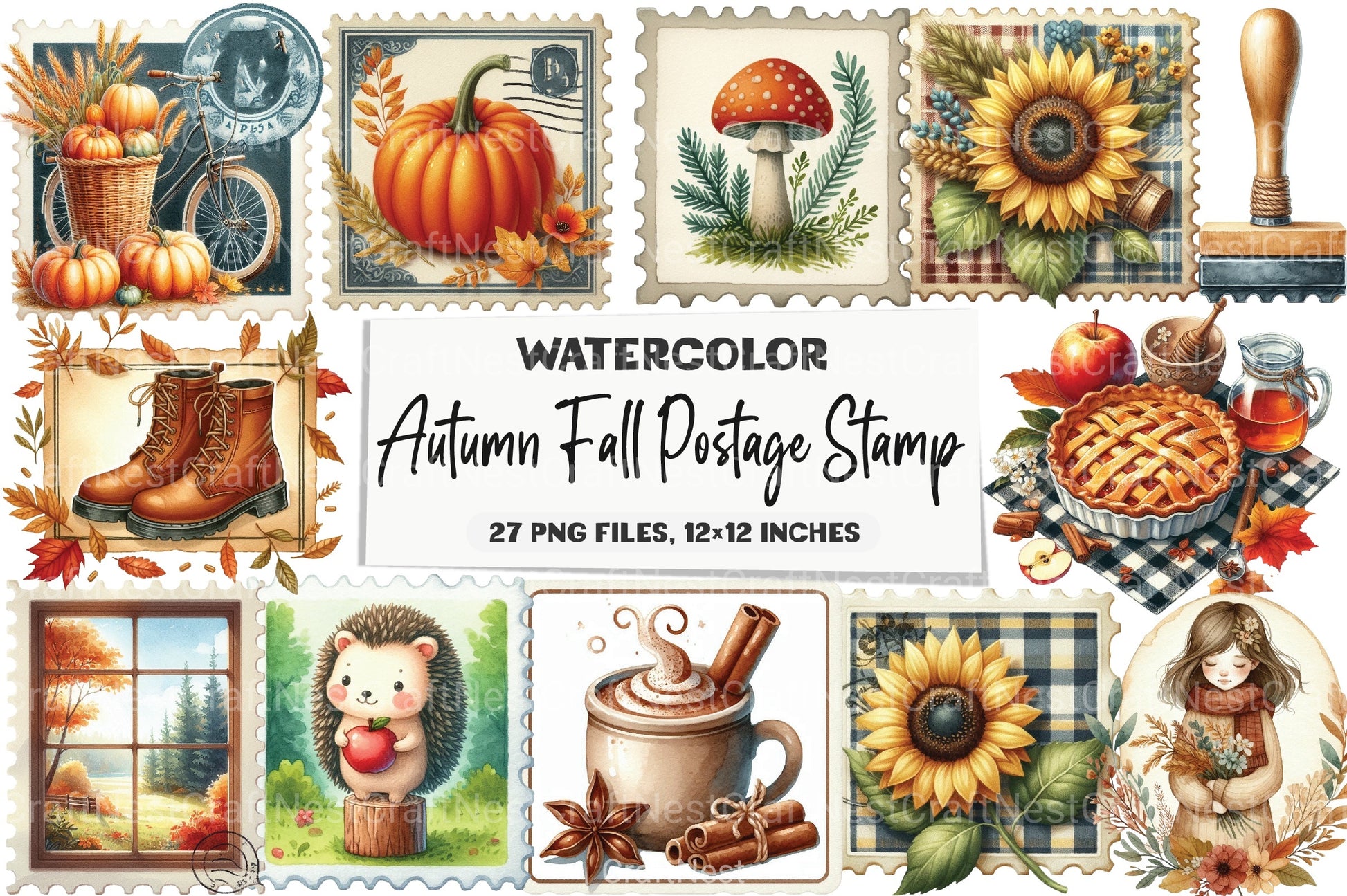 Autumn Fall Postage Stamp Clipart Bundle - CraftNest - Digital Crafting and Art