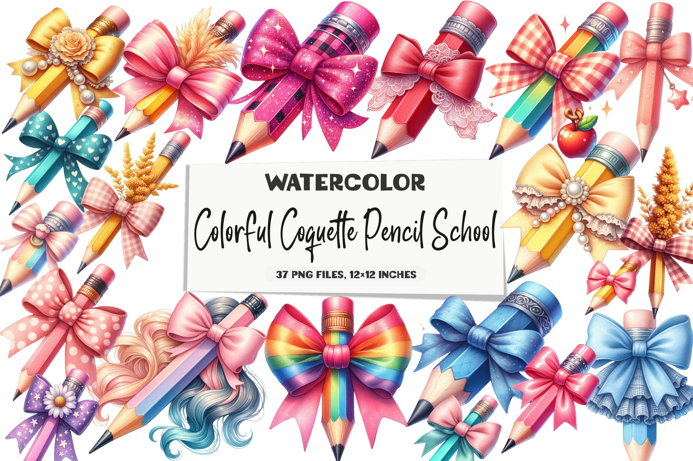 Colorful Coquette Pencil School Clipart Bundle