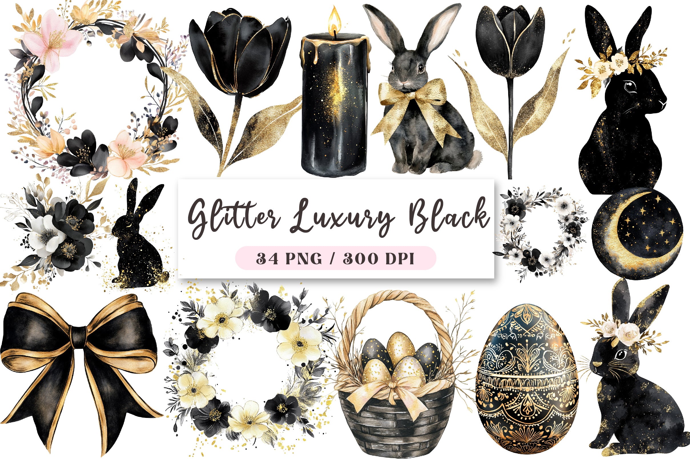 Luxury Black Easter Glitter Clipart Bundle