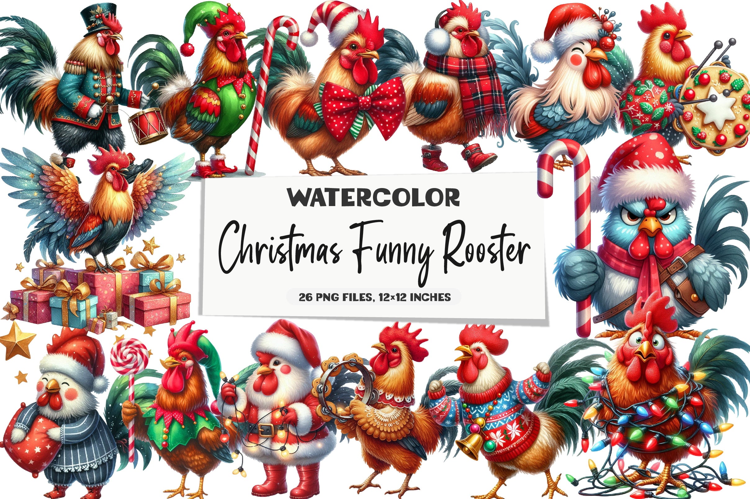 Christmas Funny Rooster Clipart Bundle