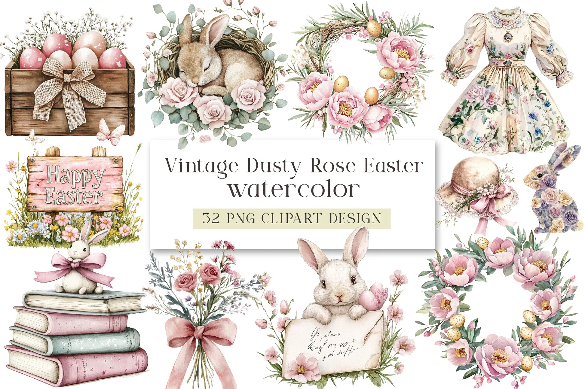 Vintage Dusty Rose Easter Clipart Bundle - CraftNest - Digital Crafting and Art