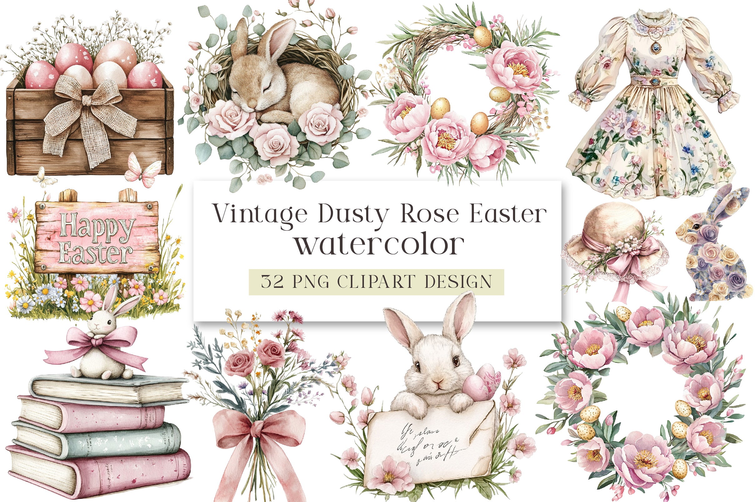 Vintage Dusty Rose Easter Clipart Bundle