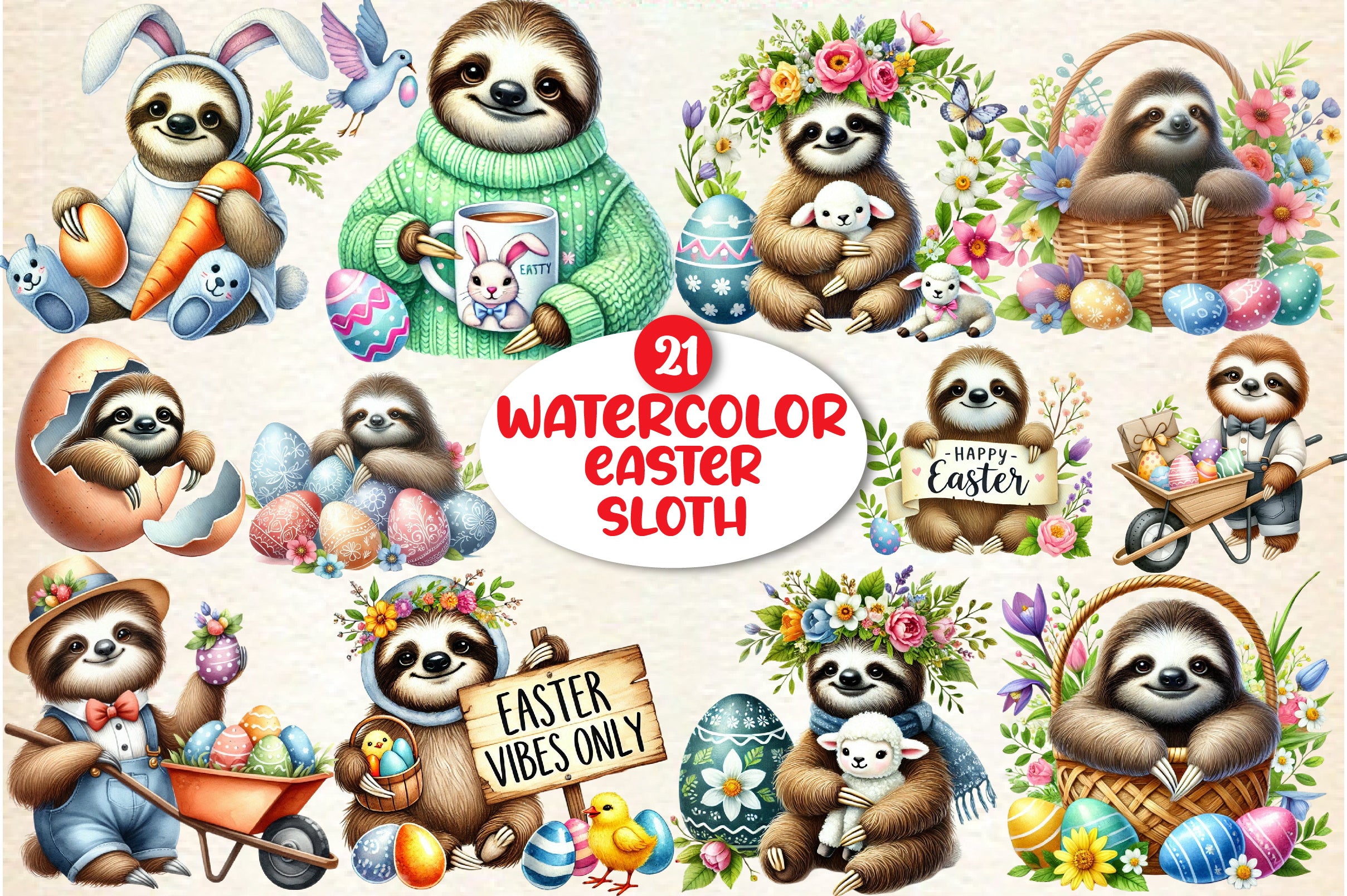 Easter Sloth Clipart Bundle